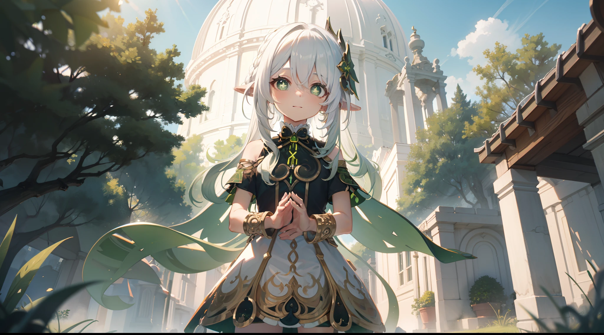 Nahida_Genshin,(White hair),cross-shaped pupils,default_dress,Green cape,Outdoor background，life，God of grass and trees，"White dome"，Put hands together andpray