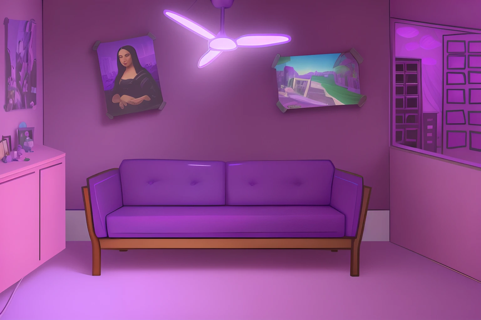 purple room with a couch, fan, and pictures on the wall, personal room background, interior background art, painting of a room, an interior of room, brightly lit purple room, monalisa, a pop art painting, bedroom background, background artwork, vaporwave cartoon, fan art, violet polsangi pop art, caravaggesque style