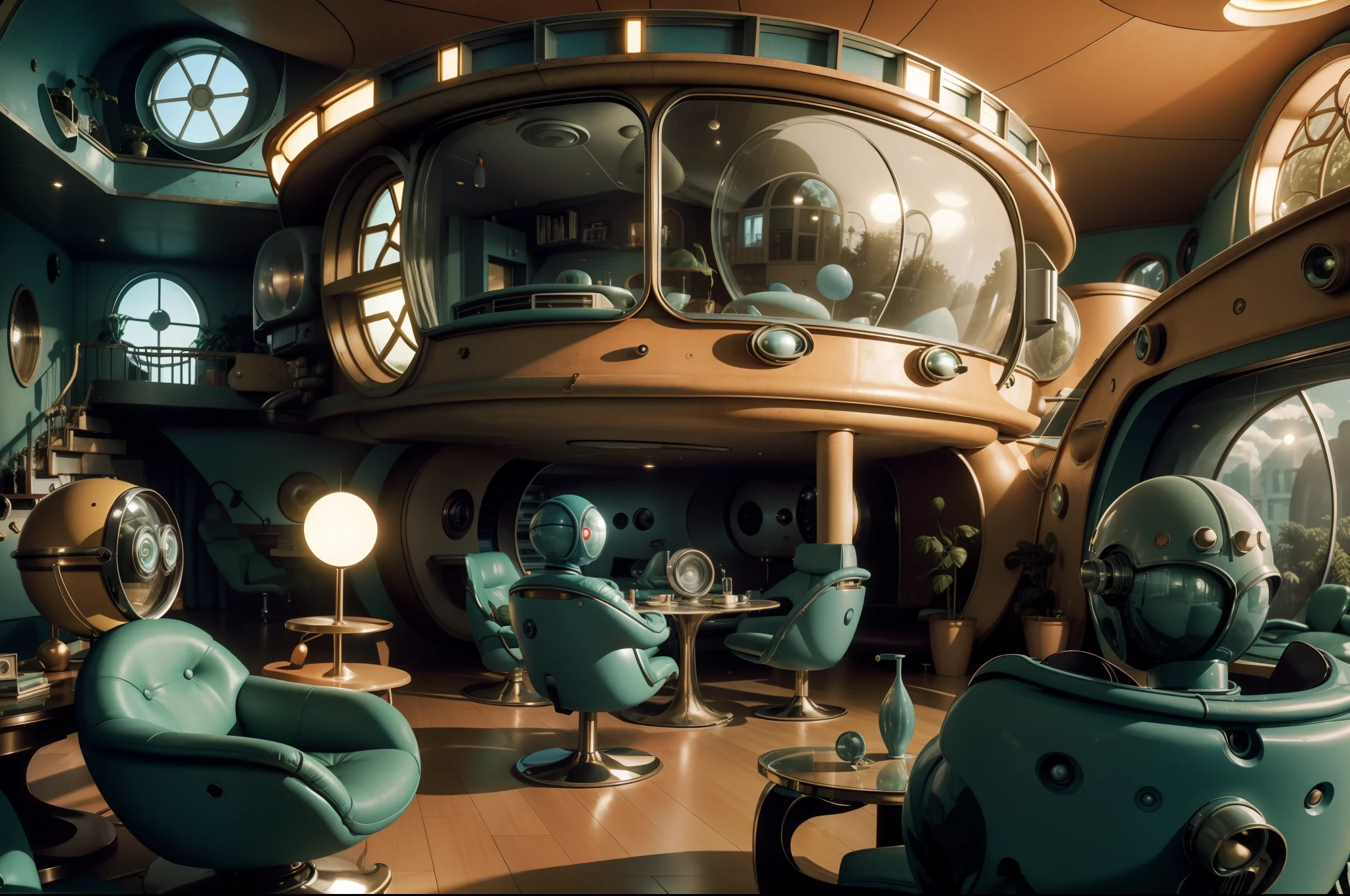 MartianS chilling out in a human house . Retrofuturistic house as background, big rounded windows, round tv, 1970's style furniture. Colorful image. Illuminated by lamps and light through the windows. Highly detailed. Photorealistic.