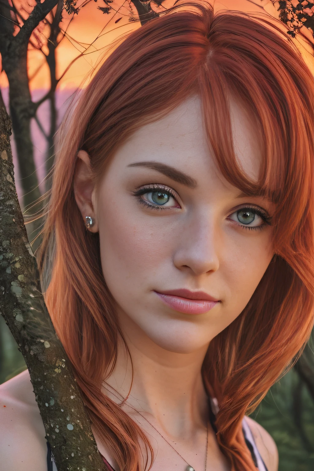 (8k, RAW photo, highest quality) depth of field, bokeh, 8K, HDR, cinematic rendering, a portrait of a 36-year-old redhead, framing from the navel, some small freckles, dressed in a ragged nightie, straps dropped, peeled off, leaning against a tree in the wilderness, goosebumps, cinematic, faded colors, dark shot, muted colors, grainy film, read, crazy details, intricate details, hyperdetailed, sunset, shyness, seduction, romance, looks at the camera lens lovingly, no visible hand
