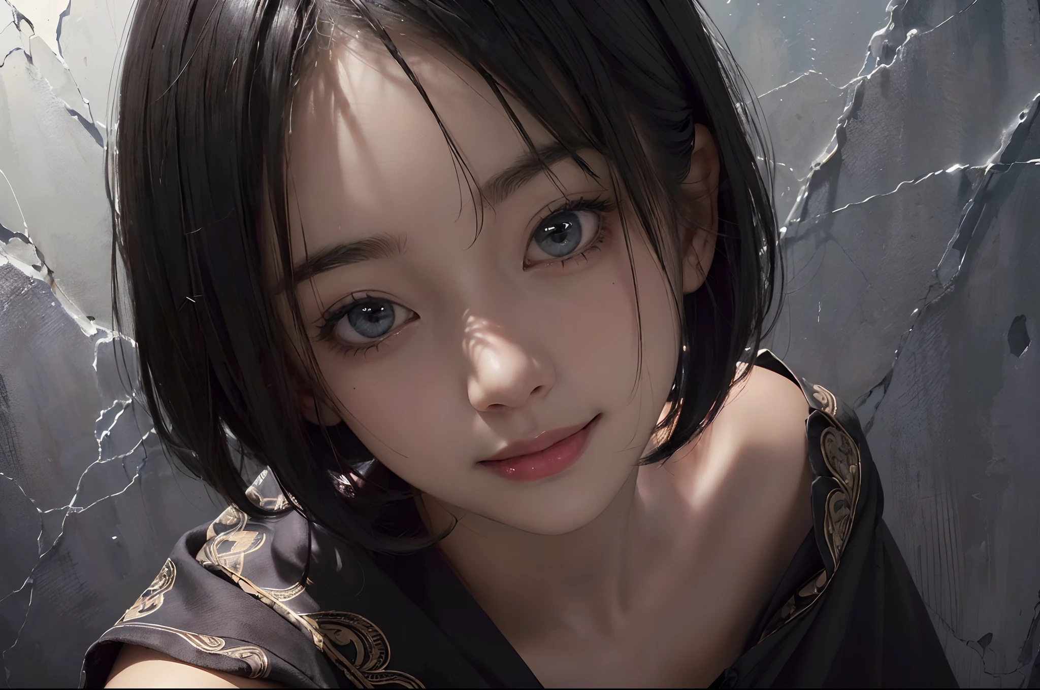 (A hyper-realistic)、(illustratio)、(hight resolution)、(8K)、(ighly detailed)、(Best Illustration)、(beautifully detailed eyes)、(top-quality)、(ultra-detailliert)、(masterpiece)、(wall-paper)、(A detailed face)、独奏、1 girl in、looking at viewert、fine detailed、A detailed face、in the darkness nigth、deep-shadows、lowkey、pureerosfaceace_v1、A smile、((short-hair))、Black shawl straight hair、46-point diagonal bangs、Luxurious room