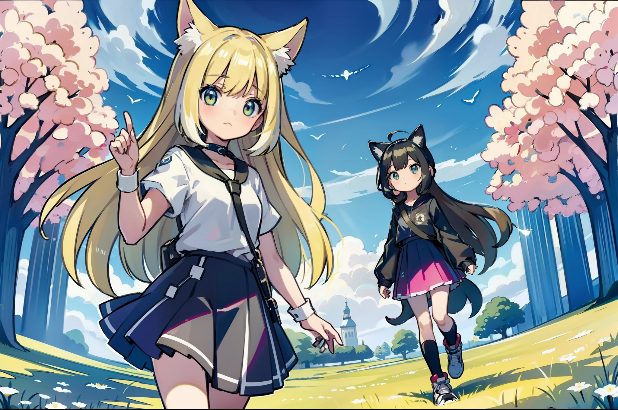 1girl in,A pokémon_The card,(top-quality), (high_quality), (Convoluted_Details), (ultra-detailliert), (illustratio), (Distinct_image),saito_naoki,city scenery、Rainbow View、With cats((Cute cat1.5))