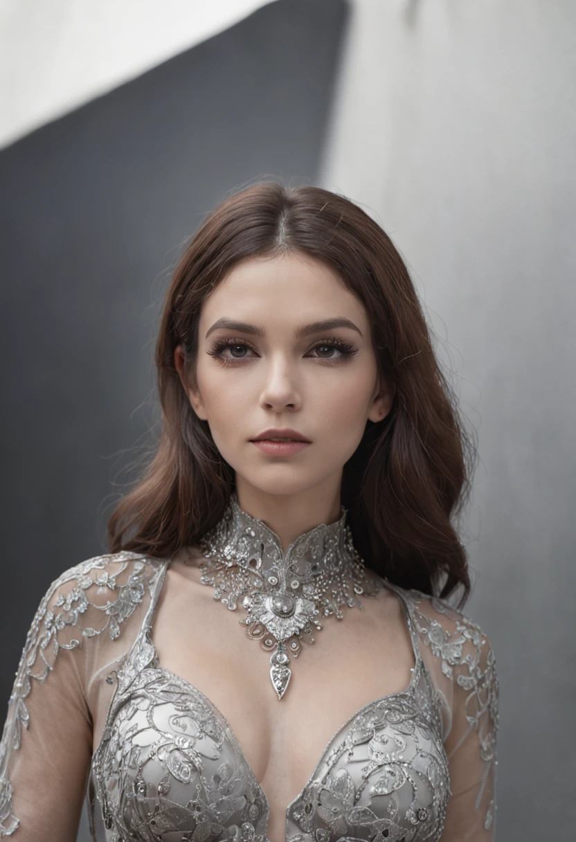 Foto RAW, Retrato completo comprimento de uma mulher inglesa com uma gargantilha ouro e diamante, retrato futurista da mulher, Imagem de Beautiful Sci - Fi, Retrato de uma mulher sci - fi, Retrato do humanoide feminino, mulher futurista da moda, usando um vestido de renda vazada, Retrato Completo Suave Tiro 8 K, preto. cabelo detalhado, wearing steel collar, Portrait of a heroine, (longos cabelos roxos escuros), dark gothic makeup, Pale silver lipstick, cabelos longos, cristal durante, ((seio pequeno)), small glute, Women's Athletic Lean, Body, corpo inteiro detalhado, (s(eio pequeno levantado)), rosto perfeito, cabelo amarrado