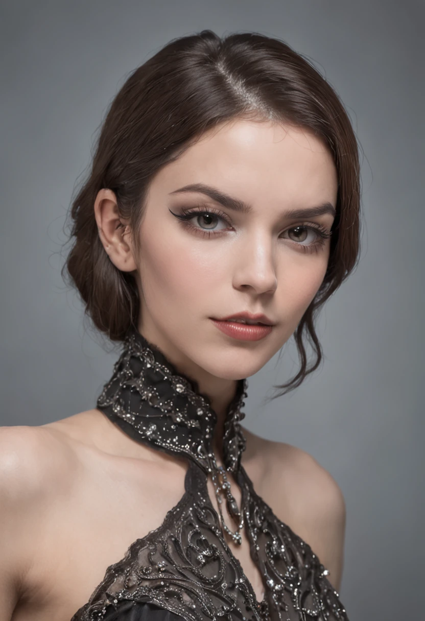 Foto RAW, Retrato completo comprimento de uma mulher inglesa com uma gargantilha ouro e diamante, retrato futurista da mulher, Imagem de Beautiful Sci - Menina Fi, Retrato de uma mulher sci - fi, Retrato do humanoide feminino, mulher futurista da moda, usando um vestido de renda vazada, Retrato Completo Suave Tiro 8 K, preto. cabelo detalhado, wearing steel collar, Portrait of a heroine, (longos cabelos roxos escuros), dark gothic makeup, Pale silver lipstick, cabelos longos, cristal durante, ((seio pequeno)), small glute, Women's Athletic Lean, Body, corpo inteiro detalhado, (s(eio pequeno levantado)), rosto perfeito, cabelo amarrado