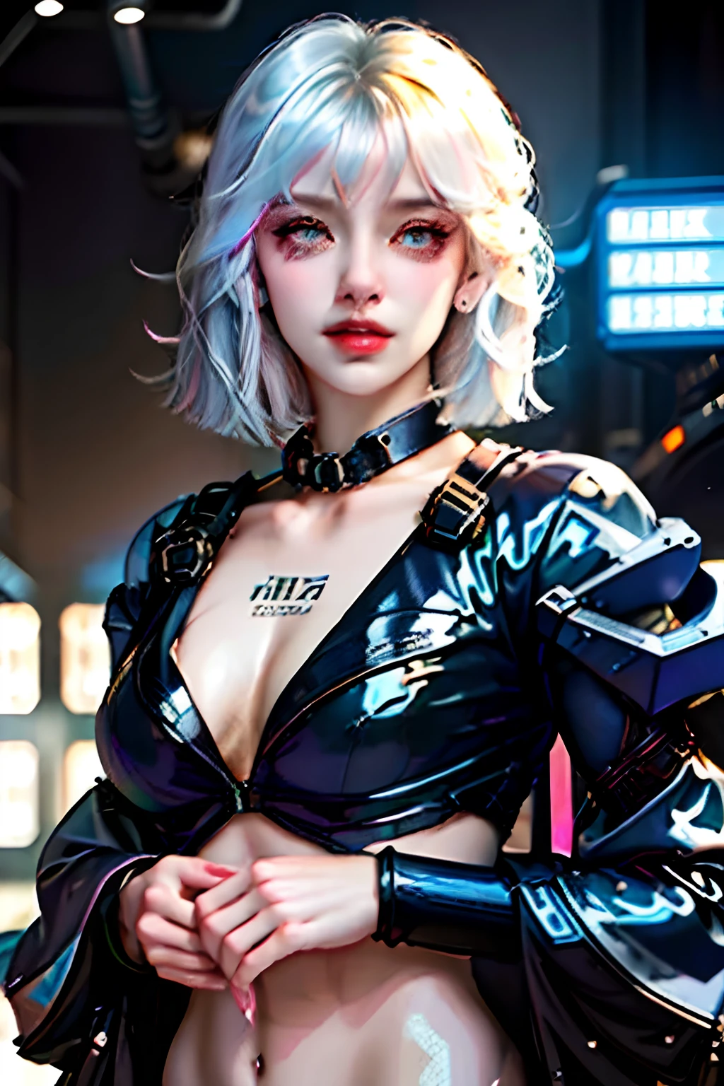 1girl, bangs, white hair, blue eyes, fashi-girl,bob cut,short hair, cleavage, collarbone, open jacket,mecha,cyberpunk,neon lights,large breasts,mature female,shiny skin,rain,water drop,badass,alluring,mecha musume,ghost in the shell,red lips,looking to the side,closed mouth,headphones,cinematic lighting