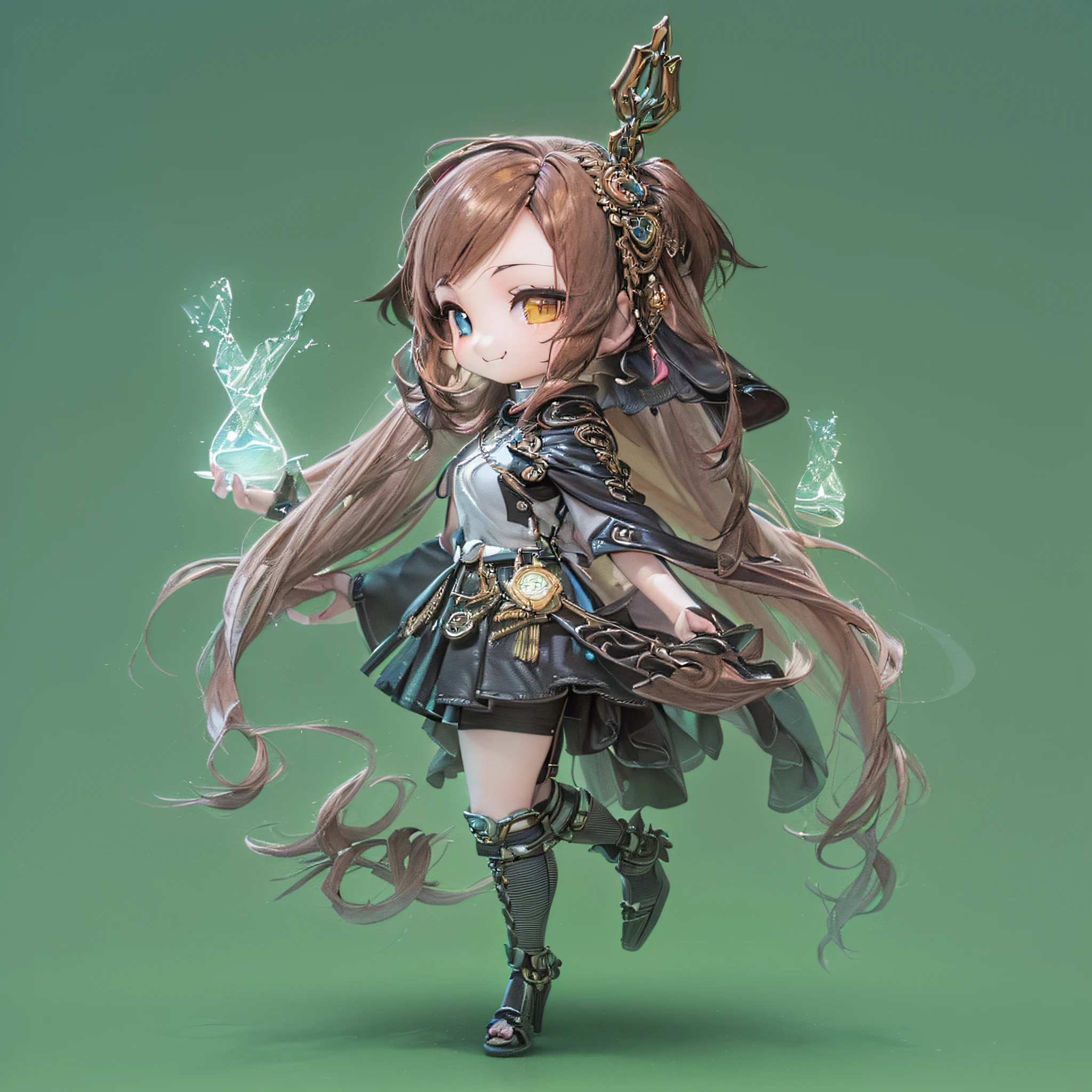 (Chibi:1.5)((masutepiece, of the highest quality, Watercolor art (Pendants), Beautiful and aesthetic: 1.2)), (Golden ratio: 1.2), (Full body: 1.2), (Super Detail: 1.3), (1 persons:1.5)、(1 girl: 1.3), (Fractal Art: 1.3), (Glitter Pupil)),(Brown hair: 1.2)), (Heterochromia), (Colorful: 1.5), (((Shy face)), (full body Esbian), (Hyper-detailing), ((delicate detail)), (intricate-detail), ((Cinematic Light, Highest quality backlight)), High contrast, ((The best lighting, Very delicate and beautiful)), (( Cinematic Light)), (ray trace reflection, Glow), (((glowing aura)), ((Glowing hair)), ((Super Detail)), (8K)), ((a closeup)), ((Seductive smile)) ,((FULL BODYSHOT))、(Chibi:1.5)、(3D Rendering:1.5, Plastic Texture:1.5, Chibi deformation:1.5, Full body, Front view:1.5),(Cane in hand:1.5、Black Wizard Robe:1.5,Braids:1.5)