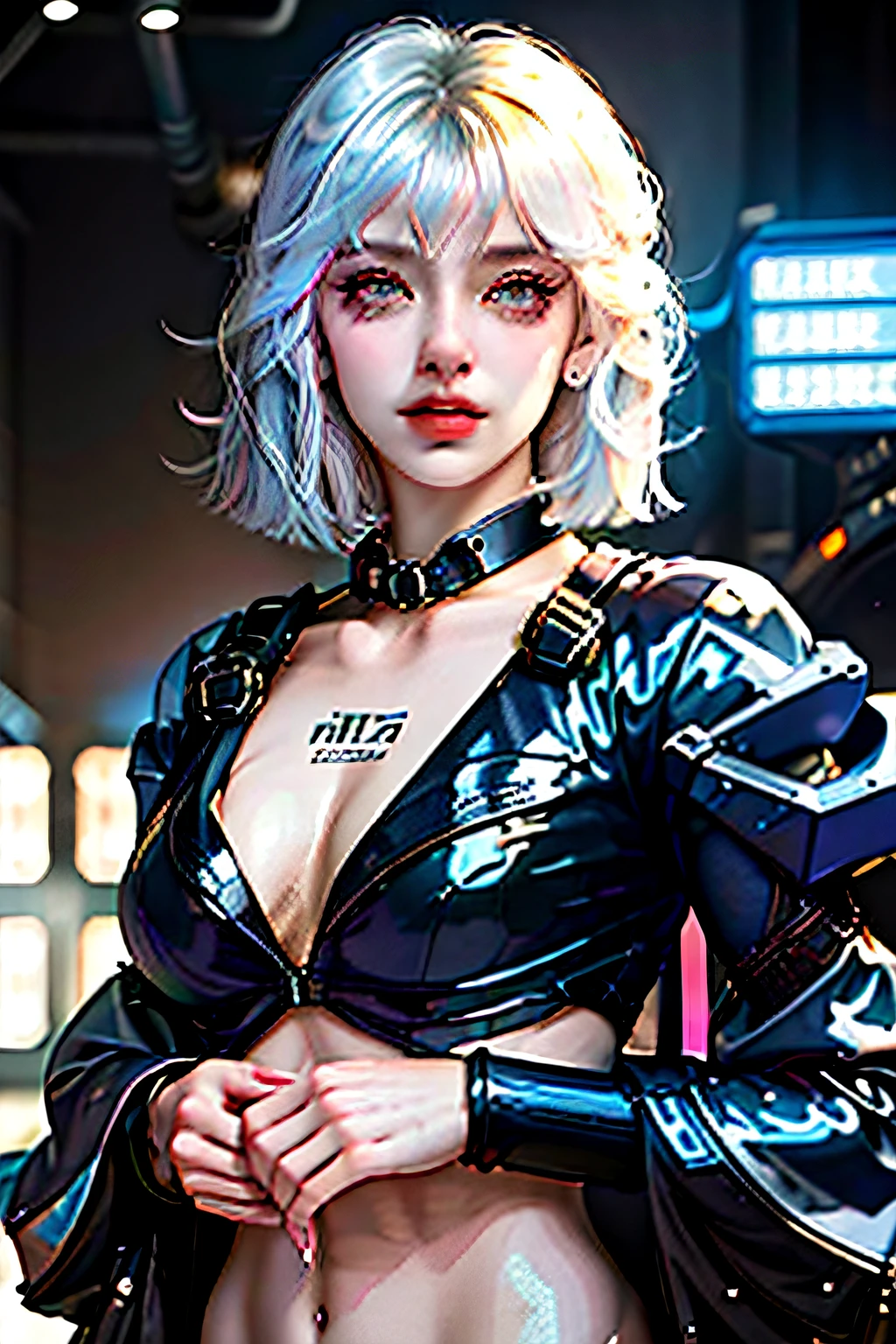 1girl, bangs, white hair, blue eyes, fashi-girl,bob cut,short hair, cleavage, collarbone, open jacket,mecha,cyberpunk,neon lights,large breasts,mature female,shiny skin,rain,water drop,badass,alluring,mecha musume,ghost in the shell,red lips,looking to the side,closed mouth,headphones,cinematic lighting