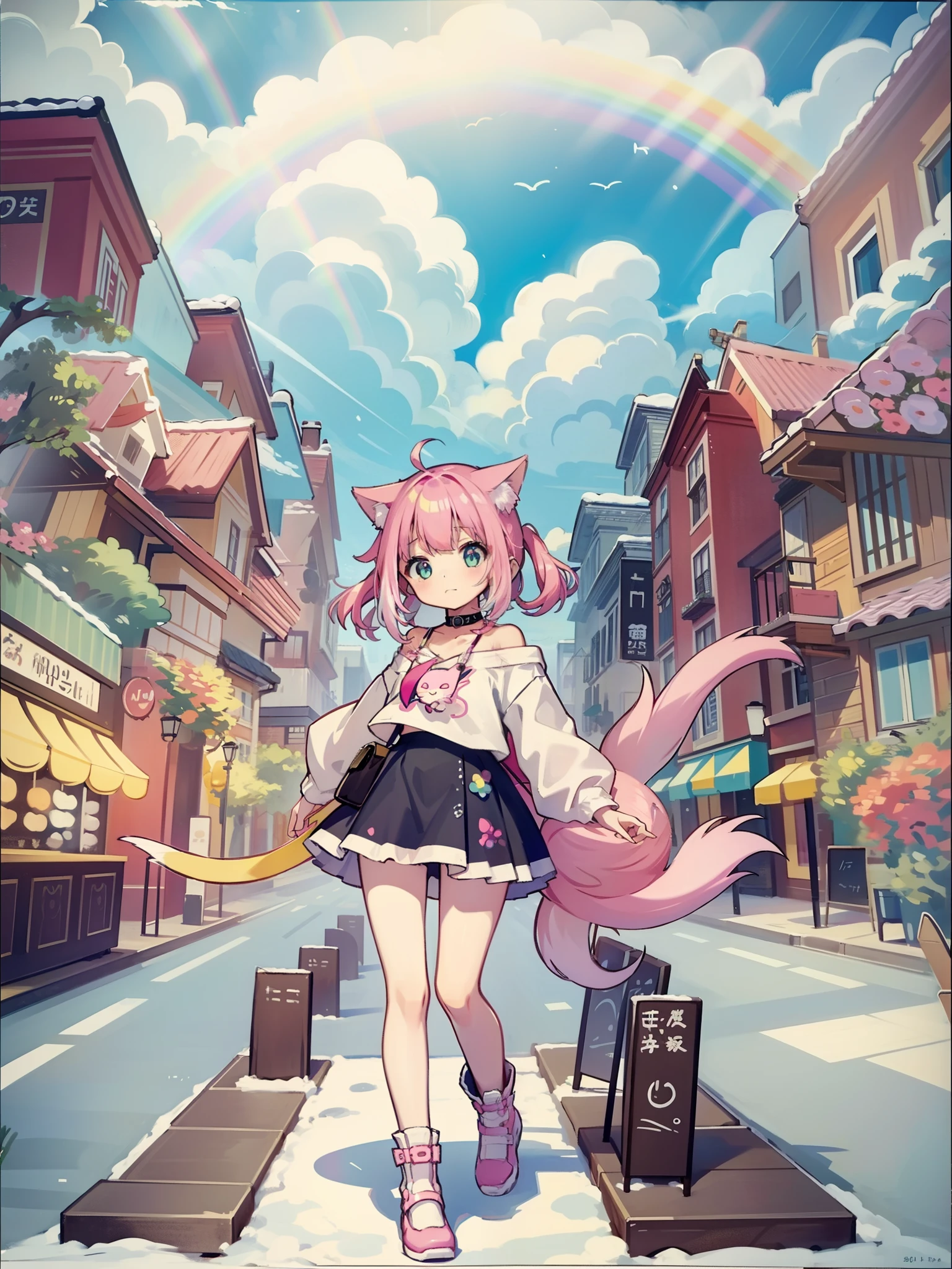 girl with、Accompanied by a cat（（Cute cat１.５））、Pink hair（（rainbow-colored hair））、top-quality、