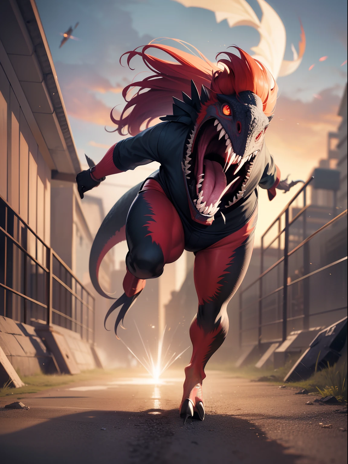 Female asian Irina Shidou red hair twintails, in ancient Mayan ruins, wearing a bomber jacket and crop top and denim shorts, laser rifle in right hand, shooting laser rifle, running away from a giant raptor dinosaur, big scary raptor dinosaur running behind girl. Big terrifying raptor dinosaur with open mouth and sharp teeth running very fast, ray tracing, reflection light, depth of field, full body shot, masterpiece, best quality, high details, high quality, ccurate, textured skin, UHD