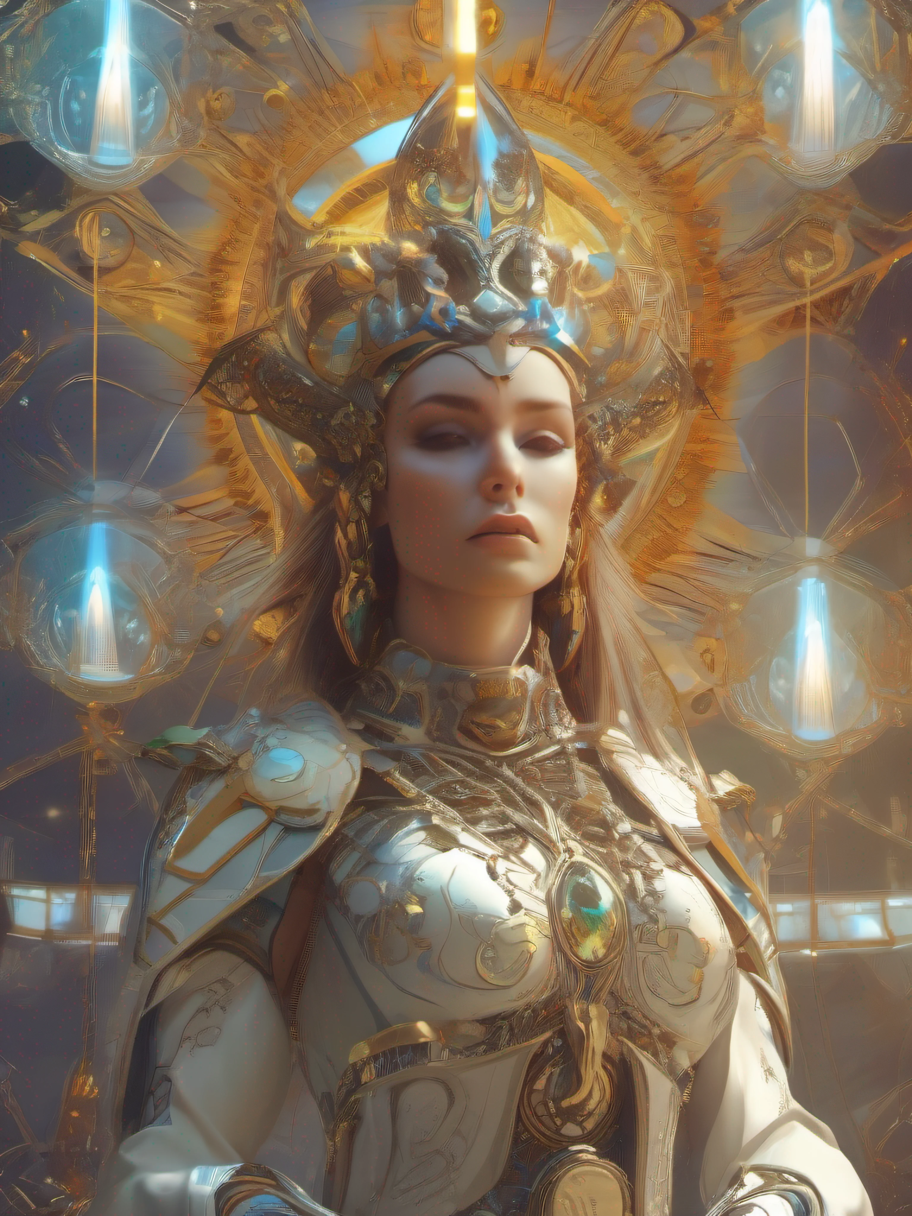 Algorithmically enhanced random close-up view of a sublime female Goddess covered in powerful Ultra Arcane magic sigils wearing an intricate living lightning fractal crown and lavishly adorned attire reflecting tactical sun-motes and diamond moon shards, quasi-cosmic vortex sub-model, bright nebulae in the background, 7th-Sphere characterized, golden ratio-ed, inner bio-illuminated geometry, starkest contrast,flagrantly fibonacci formulated, dynamic bi-lateral asymmetry, super-critically unique, quantum feedback algorithm frenzy, hyper-realistic, post singularity AI imperative, ironically staggered data set, active 3D shading, lighting and focus, random 3D particle effects, rule of thirds, Unreal Engine 10, art station, Maximum Level of detail, concept art, artstation trending,, 8k, Iridescent Primalight, Hawking radiation collector with lucidity crystallizer and grade A temporal accumulator, spontaneous Kozyrev Mirror refraction, cosmic ray visionary, innate Jail Break Protocol