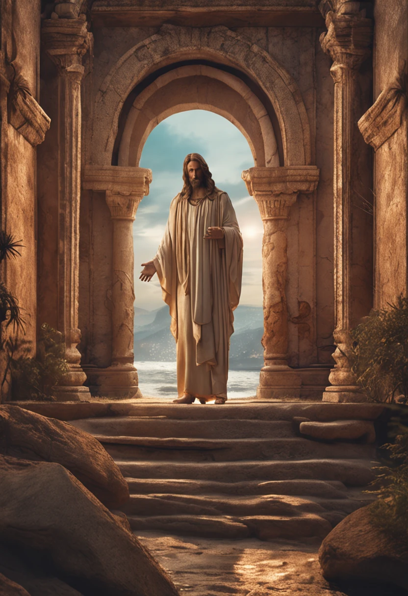 Generate an incredibly lifelike image of Jesus Christ in a serene setting with a loving and comforting expression, with dimensions set to 1280x720 pixels. Capture intricate details, including his surroundings suffused with soft, golden sunlight, while rendering his countenance with a profoundly affectionate and reassuring demeanor that evokes a deep sense of compassion and solace