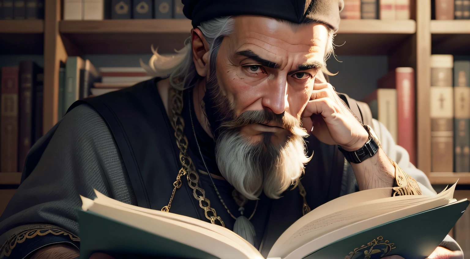 foto realista velho barba bem grande branca, filosofo tipo um mago lendo um livro