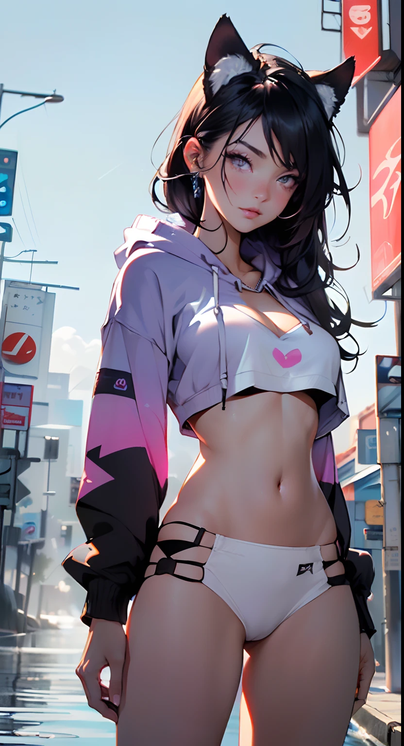 girl spacepunk,(((1girl))),((anime girl with extremely cute and beautiful black hair cat ears walking seductively down the street)),

(large breasts:1.4),saggy breasts,((((black hair,messy hair,colored inner hair,large hair,absurdly long unkempt hair:1.35,long hair,ear breathing)))),((((cat ears,cat ears on head,big cat ears)))),((pink eyes:1.3,upturned eyes:1.3,perfect eyes,beautiful detailed eyes,rainbow glows ultra-detailed deep pink purple eyes:1.1,gradient eyes:1,finely detailed beautiful eyes:1,symmetrical eyes:1,big highlight on eyes:1.2)),((fat)),(((lustrous skin:1.5,bright skin: 1.5,skin tanned,shiny skin,very shiny skin,shiny body,plastic glitter skin,exaggerated shiny skin))),(spider lower abdomen,narrow waist,wide hip,athletic body,inflated legs,delicate detailed fingers,detailed body,detailed arms,human hands,(detailed face)),

cute,slutty,seductive,erotic,(((nsfw))),

zettai ryouiki,revealing clothing,show skin,((((underboob)))),(cleavage),(semi-naked,with little clothing,((tiny thong)),bare legs,visible thong straps),((((crop top hoodie,cropped hoodie,hoodie,hoodie intricate)))),((detailed outfit,detailed clothes)),

(dynamic pose:1.0),solo focus,embarrassed,centered,scale to fit dimensions,Rule of thirds,

((((Cityscape by the ocean,oceanfront,ocean in the background,futuristic and mechanical city floating on water)))),thick clouds,very cloudy sky,futuristic cityscape,((synthwave theme background)),((detailed background:1.25)),

(best quality,high resolution,sharp focus,ultra detailed,extremely detailed,extremely high quality artwork,(realistic,photorealistic:1.37),8k_wallpaper,(extremely detailed CG 8k),(very fine 8K CG),((hyper super ultra detailed perfect piece)),flawless,(((masterpiece))),illustration,vibrant colors,(intricate),High contrast,Selective lighting,Double exposure,HDR (High Dynamic Range),Post-processing,Background blur,