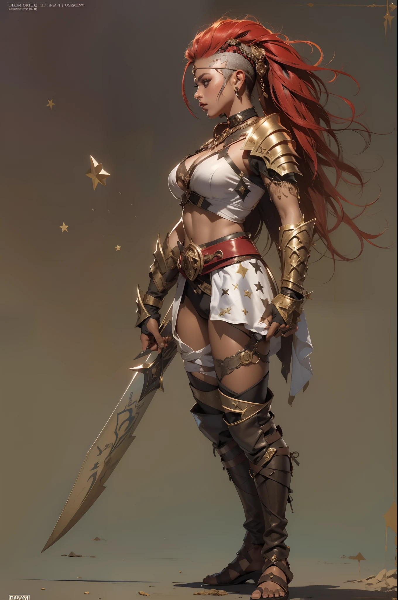 (((mulher))), (((melhor qualidade))), (((obra prima))), (((adulto))), ((( Vision from the waist up ))), estilo quadrinhos, Uma mulher guerreira gladiadora Barbara loira, of 30 years with athletic body, Post Apocalypse, Armadura moderna, Muitas tiras e fivelas, capuz, Half-moon symbols and gold stars on clothing, Arabic symbols, muitas joias, (((sozinho))), (((1girl))) , Gladiadores do Brooklyn, quase nua no estilo selvagem urbano de Simon Bisley para a capa da revista Heavy Metal, cabelos moicanos, pose sensual, tiny leather panties, , Minimum clothing, black and red arabesque pattern, armadura, cheio de pontas e estrelas, (((da cintura pra cima))), mohawk hair with small braids, explosion of colors, Wowdk