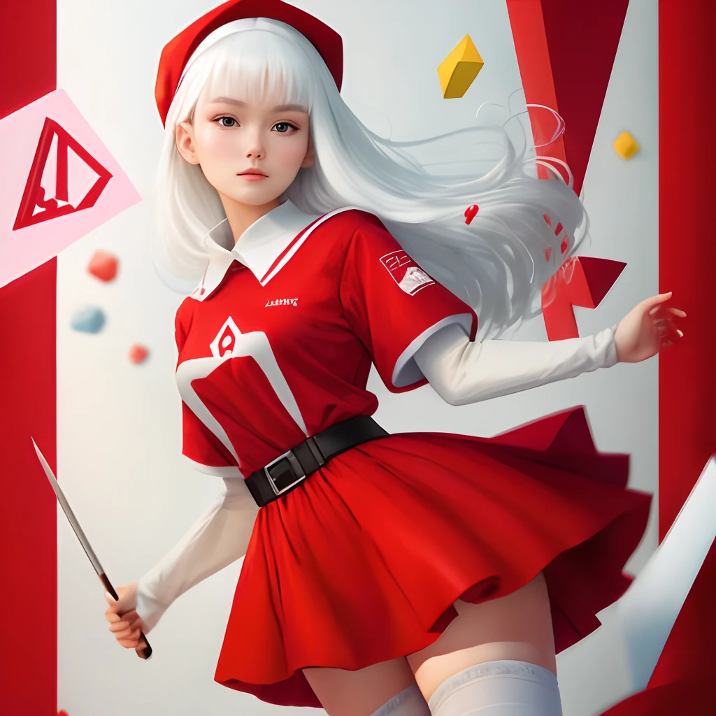 Red clothes,white color hair,quadratic element,white stockings