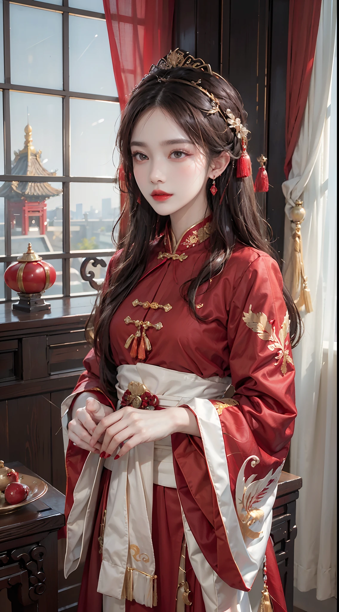 (Ultra-realistic 8k CG: 1.2), perfect artwork, delicate patterns, intricate details, (unparalleled masterpiece, best quality: 1.2), (extremely complex: 1.2), a woman in a red and gold dress, phoenix crown, hair stick, makeup, blush, shyness, white hair, looking down, cosmetics, (forehead point), (2 red candles), Chinese_clothes, curtains, earrings, hair_ornament,hanfu, interior, jewelry, red nails, long_sleeves, red dress, red lips, tassels, (red quilt), (red palace: 1.2), (ancient Chinese architecture), (red: 1.8), night