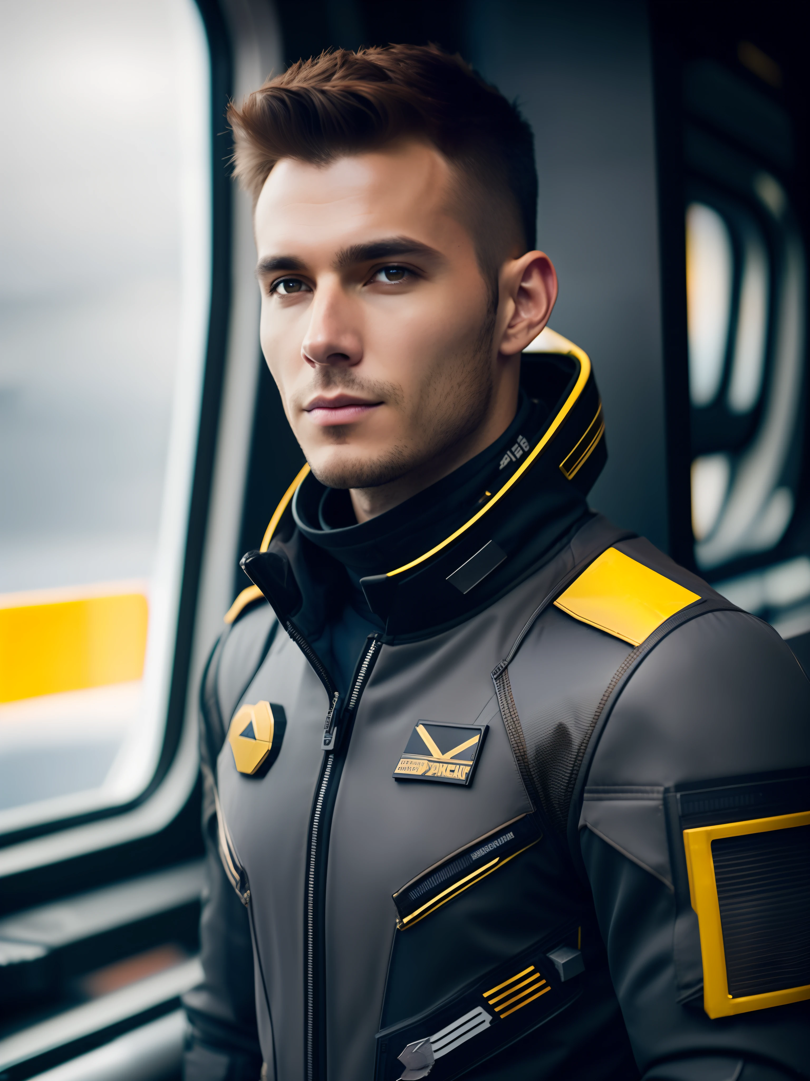 fking_scifi, award-winning photo of a man, black flight suit with yellow accents, brown hair, (gray eyes:1.35), square jawline, asymmetric face, standing in front of a window on a space ship, 80mm, bokeh, mass effect, close up, fking_cinema_v2