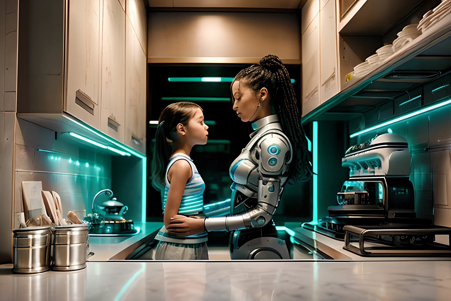 Step into a far-flung future where a futuristic mother and her cybernetic daughter collaborate behind a kitchen counter to craft a birthday cake. Flour is generously scattered across the countertop, accompanied by a pristine white porcelain bowl. The kitchen, adorned with neon lights and exuding a cyberpunk vibe, forms the backdrop. This scene is exceptionally detailed, with a sharp focus on the two figures, while the background is skillfully blurred, creating a visually stunning and immersive portrayal of this futuristic mother and her robotic daughter.