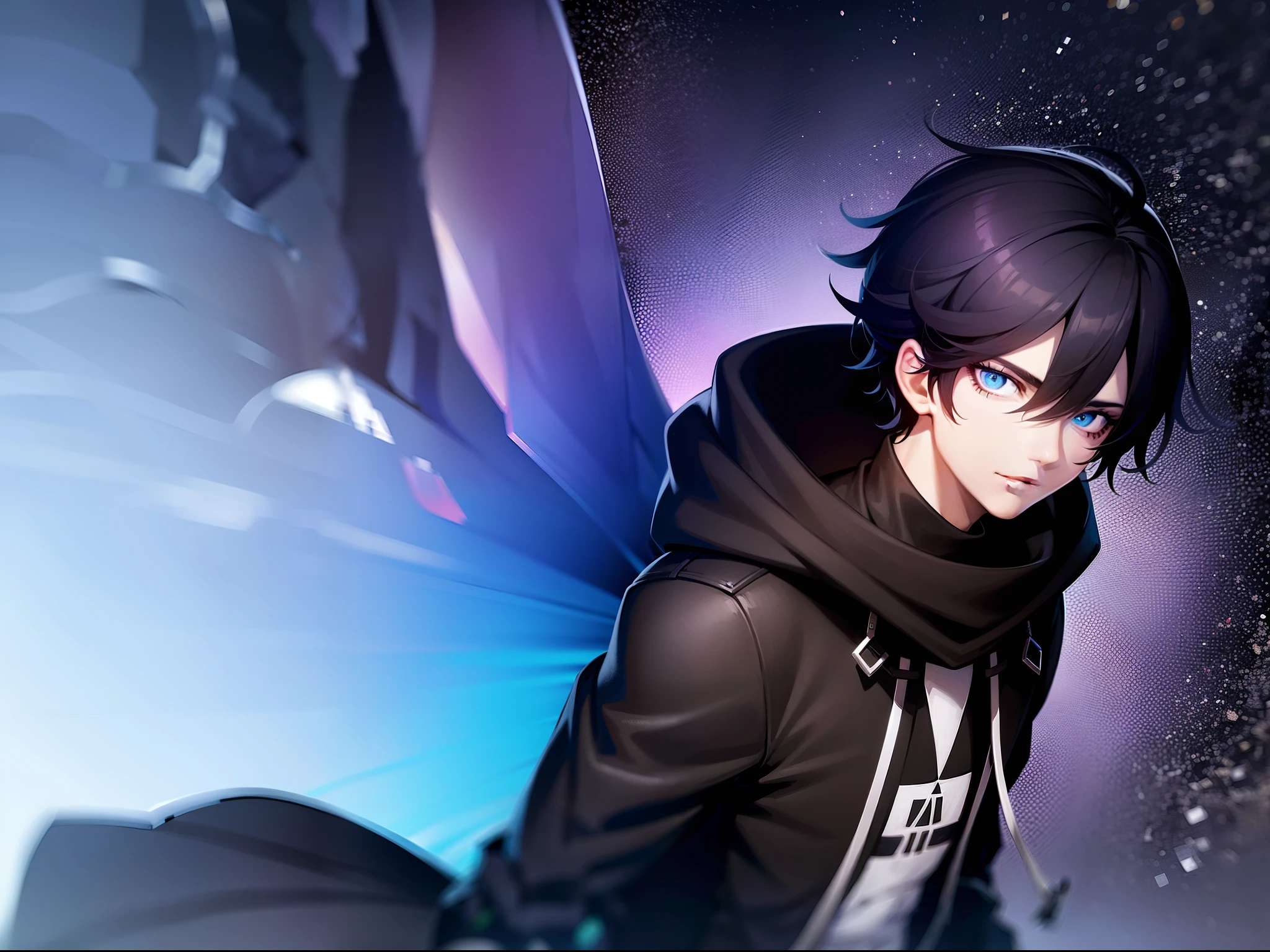 A man using a black glitched jacket with hood, black hair, blue eyes, 4k, anime art style, hhacker man, glitchy world