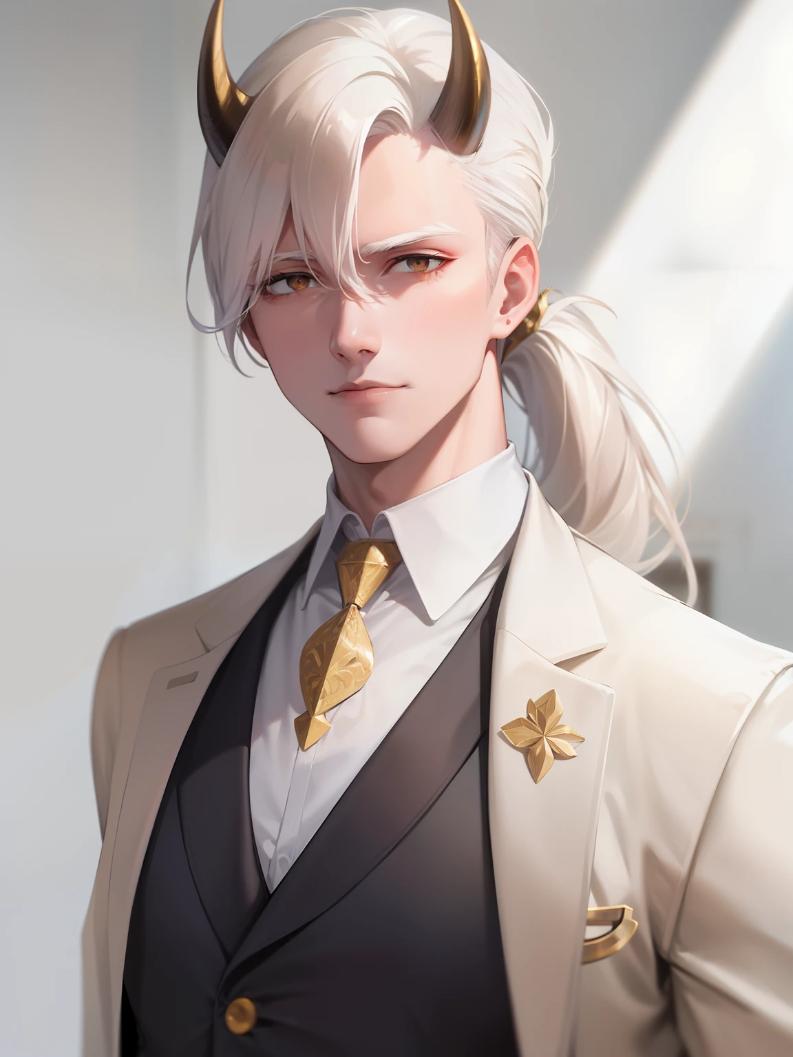 Grown-up guy, white colored hair, high ponytail, golden eyes, white suit with gold elements, Masterpiece, hiquality, devil face, horns