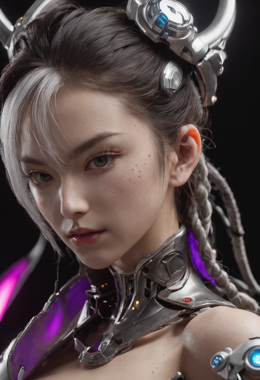 highest qualityr、obra maestra、超A high resolution、(Fotorrealista:1.4)、Foto RAW、Batalla Cyborg Angel、alas grandes hechas de metal、White porcelain body、Transparent acrylic cover、cana、piel resplandeciente、1 Chica Cyborg、((Super realistic details))、Portlate、global ilumination、sombra、Octane representation、8k、ultrasharp、Luz de borde del personaje,Tetas colosales、Raw skin is exposed at the décolleté、Detalles de adornos complejos、Japan details、hydraulic cylinder、small LED lamp、Detalles muy intrincados、Luz realista、un ojo morado、ojos radiantes、in front of camera、neon details、Disparo de vaquero、Casco futurista、Acerca de Cyberpunk.
