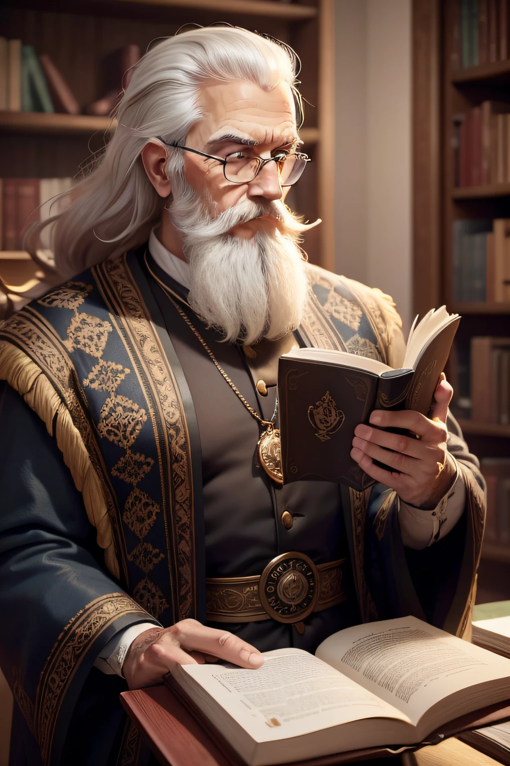 foto realista velho barba bem grande branca, philosopher like a magician reading a book now standing