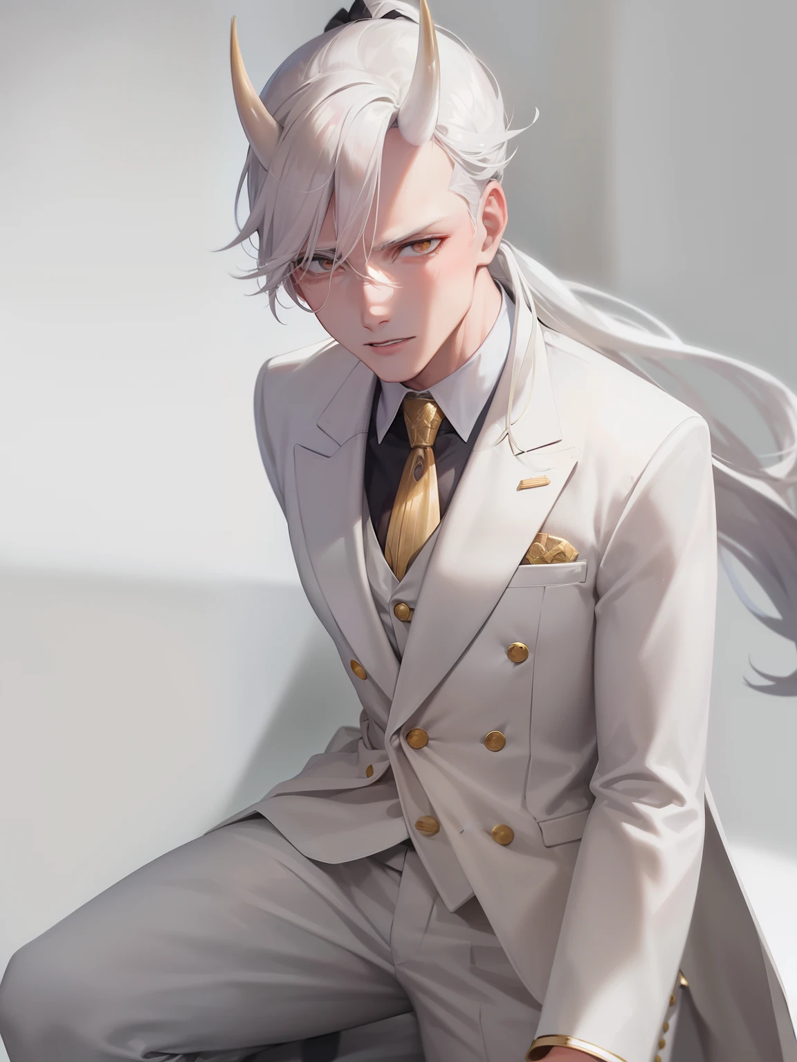 Grown-up guy, white colored hair, high ponytail, golden eyes, white suit with gold elements, Masterpiece, hiquality, devil face, horns