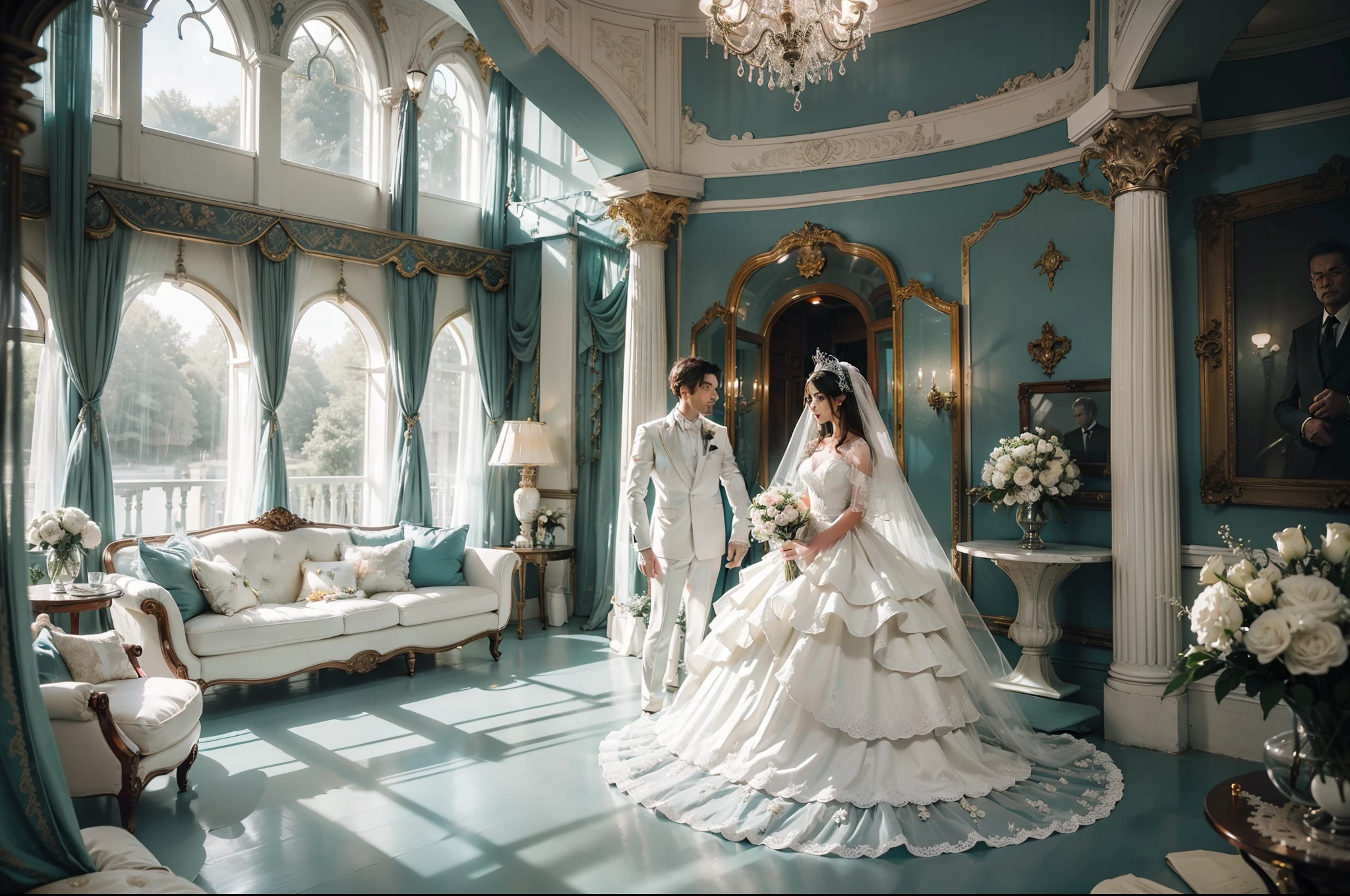 Bride and groom chilling out in a house. Groom in bohemian elegant suit. Bride in conservative Broderie ruffled wedding dress, creamy white, medium long veil, tiara and embellishments in silver and aquamarine. Retrofuturistic house as background, big rounded windows, round tv, 1970's style furniture. Colorful image. Illuminated by lamp and light through the windows. Highly detailed. Photorealistic.