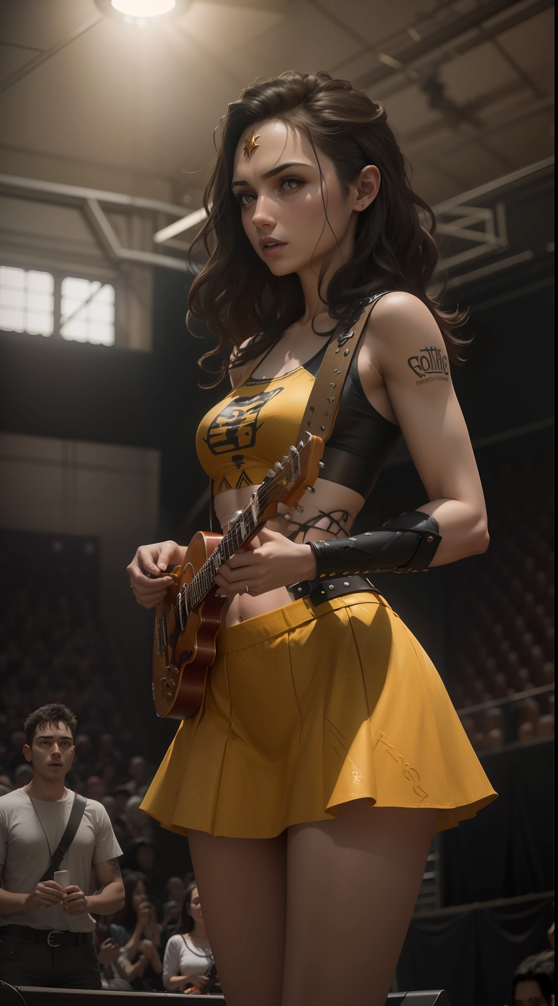 motor irreal:1.4,CG ultra realista 64K, fotorrealista:1.4, textura de la piel:1.4, obra maestra:1.4,Gal Gadot with long brown hair with tattoos wearing a yellow T-shirt playing a blue solaratype from 1452 on stage at a concert, Dramatic lighting, Metalero, guitarra de metal, Guitarra estilo Strat, (solaratype1452), Guitarras solares, Cara hermosa, Cara hermosa, Hermoso cuerpo de modelo, mini skirt,pantyhose,panties, papel tapiz, intrincado, foco nítido, Trazado de rayos, RTX, bien dibujado, obra maestra, ultra detallado, alta calidad, calidad superior, La mejor calidad, 64k, ....RAW