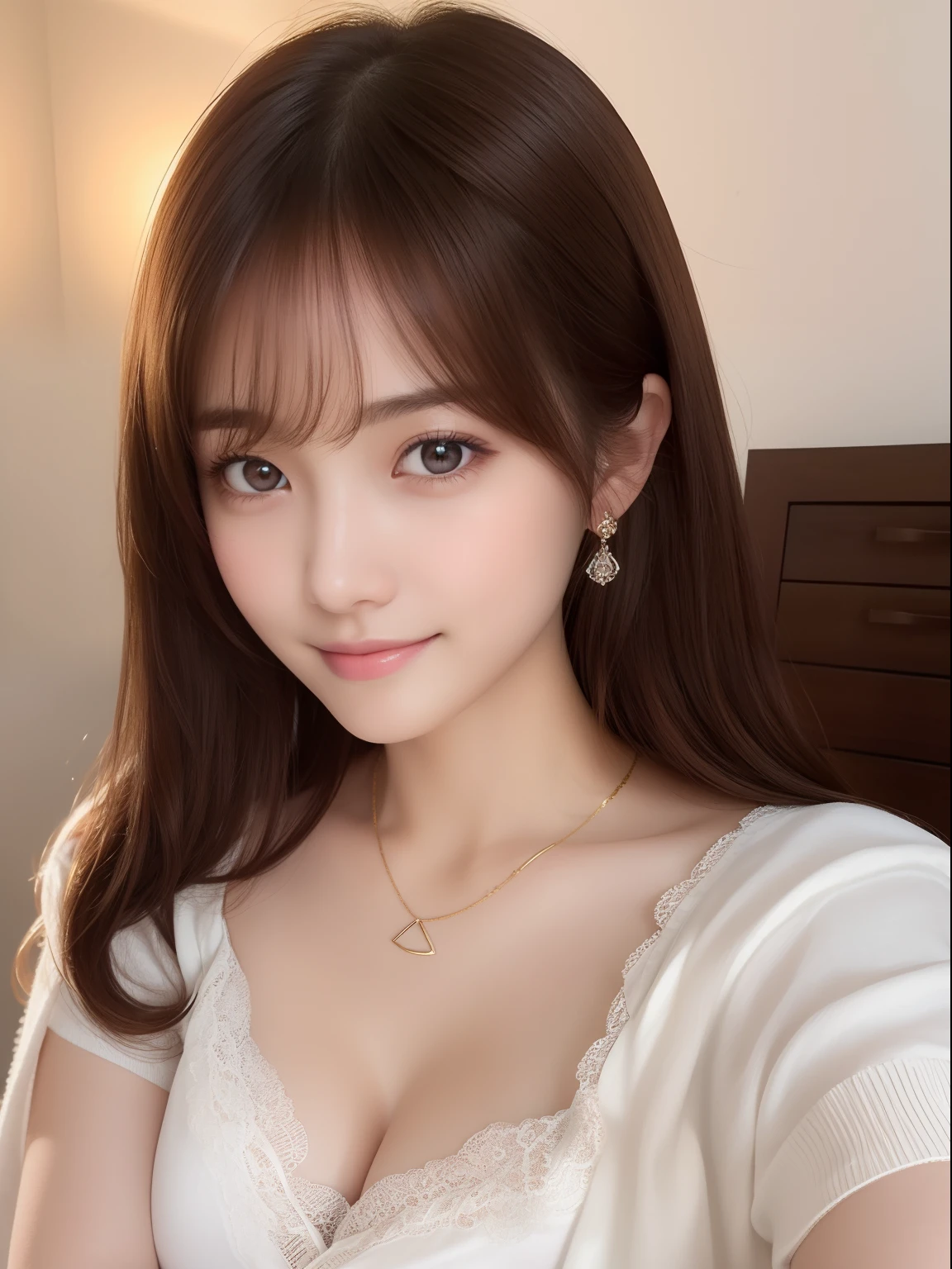 Best quality, masterpiece, super high resolution, (realistic: 1.4), original photo, 1 girl, hairpins, earrings, jewelry, brown hair, looking at the viewer, lips, playful, silk pajamas printed with cute bear pattern, full body photo