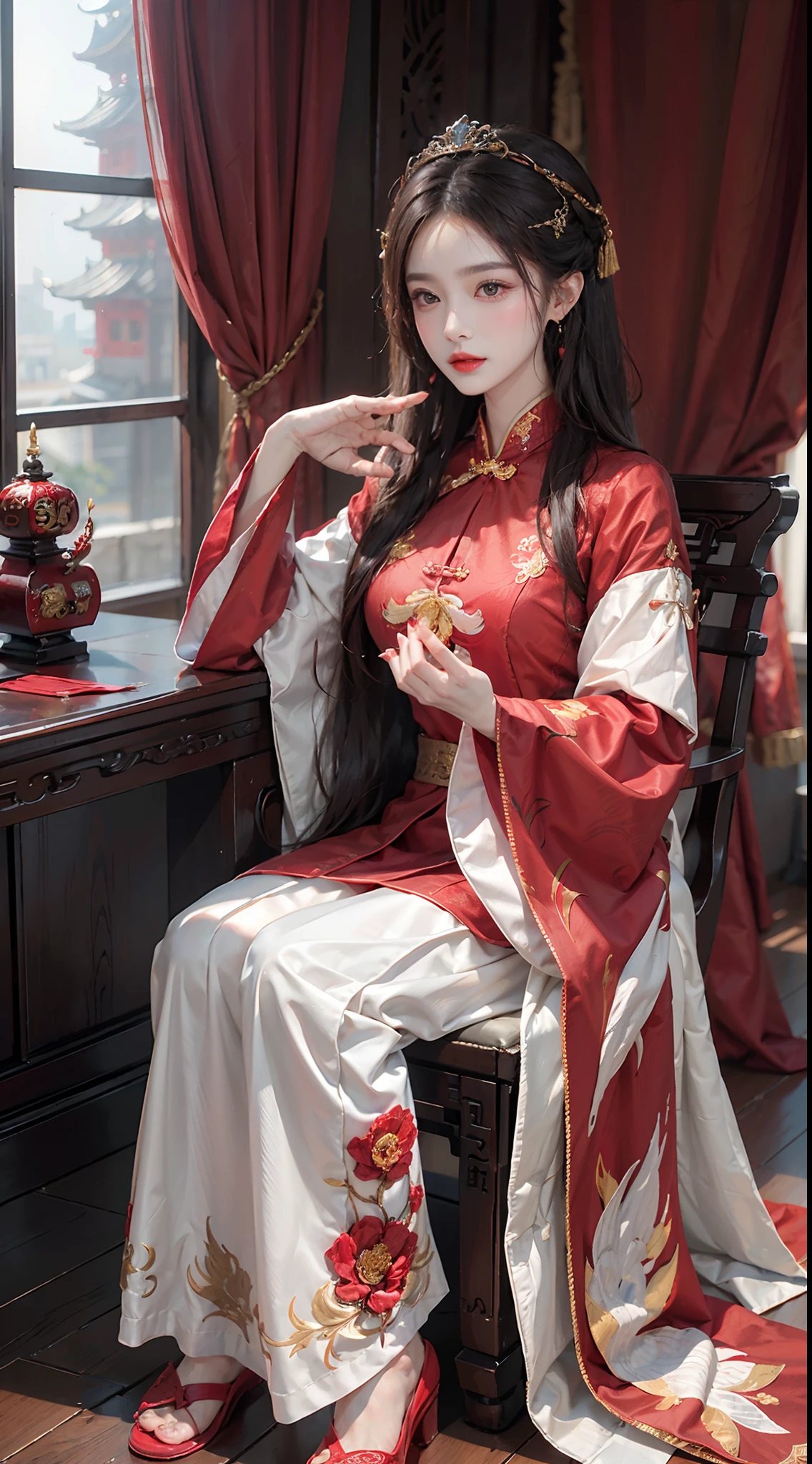 (Ultra-realistic 8k CG: 1.2), perfect artwork, delicate patterns, intricate details, (unparalleled masterpiece, best quality: 1.2), (extremely complex: 1.2), a woman in a red and gold dress, phoenix crown, hair stick, makeup, blush, shyness, white hair, looking down, cosmetics, (forehead point), (2 red candles), Chinese_clothes, curtains, earrings, hair_ornament,hanfu, interior, jewelry, red nails, long_sleeves, red dress, red lips, tassels, (red quilt), (red palace: 1.2), (ancient Chinese architecture), (red: 1.8), night