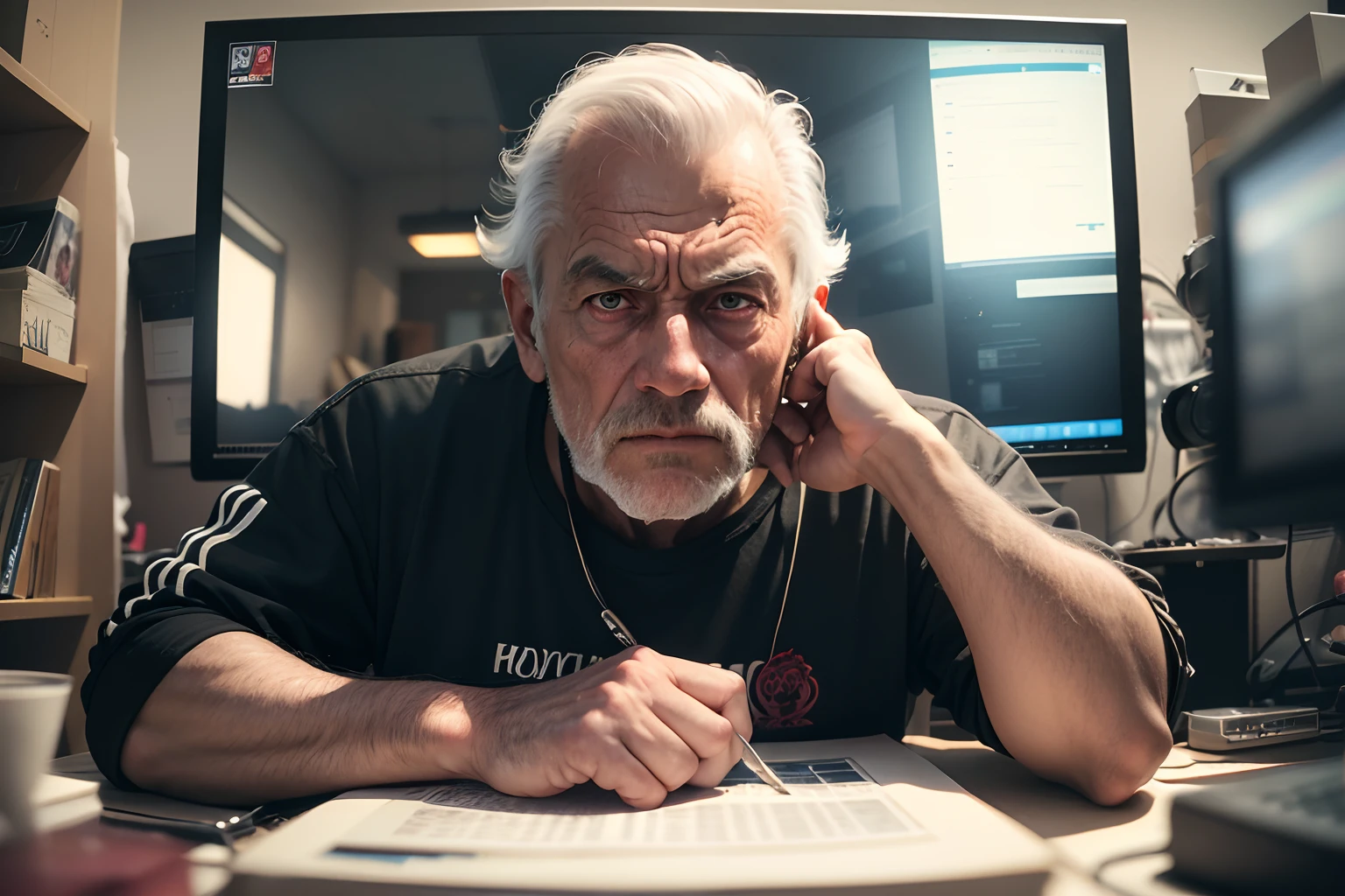 The encaustic image was taken with a film camera. An amazing vintage color photograph showing a 60-year-old guy, de camiseta polo preta,  Realistic appearance sitting in front of a computer monitor and looking at the camera. Dramatic scene where we can see the anger on his face. lowkey lighting. Tiradas em 2020