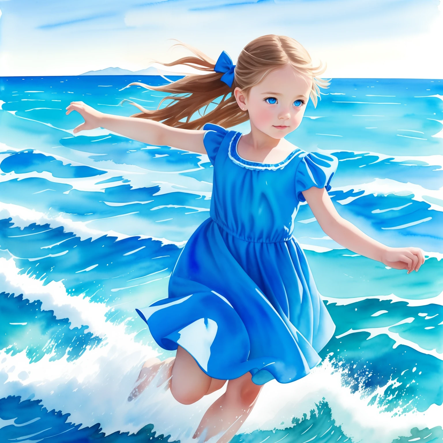 Watercolor painting of a  wearing a beautiful blue dress running near a beautiful blue sea, blue eyes, blue bow in the hair, water, blue, beautiful, perfect composition, highly detailed