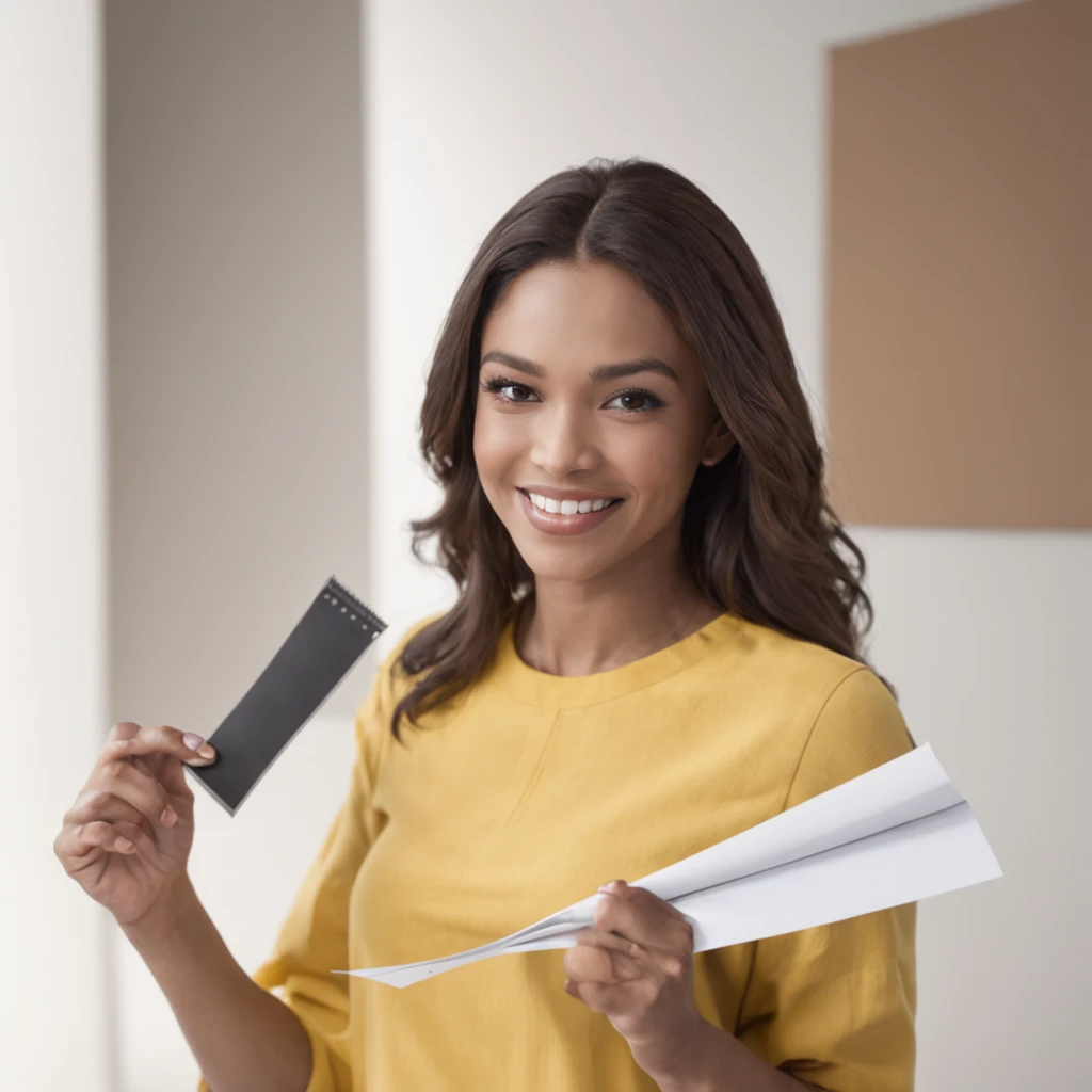 Smiling woman holding a piece of paper and tape measure, foto ainda, Imagem promocional, definir foto, foto de uma mulher negra, Comercial, em um fundo escuro, Nos bastidores, fotografia de close-up, foto retrato, advertising photo, captura de tela de alta qualidade, Retrato grande, mid portrait, foto conceitual, papel de alta qualidade, protagonista feminina, atriz