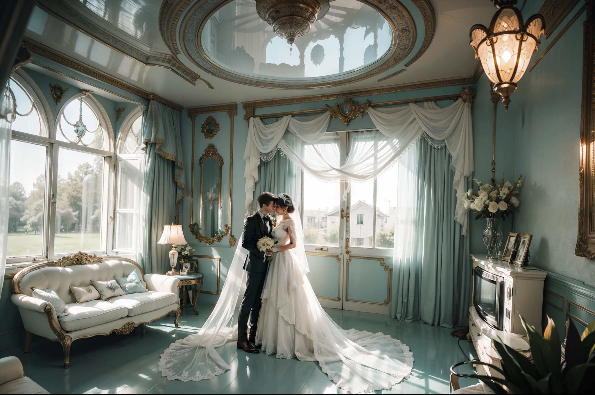Bride and groom chilling out in a house. Groom in bohemian elegant suit. Bride in conservative Broderie ruffled wedding dress, creamy white, medium long veil, tiara and embellishments in silver and aquamarine. Retrofuturistic house as background, big rounded windows, round tv, 1970's style furniture. Colorful image. Illuminated by lamp and light through the windows. Highly detailed. Photorealistic.