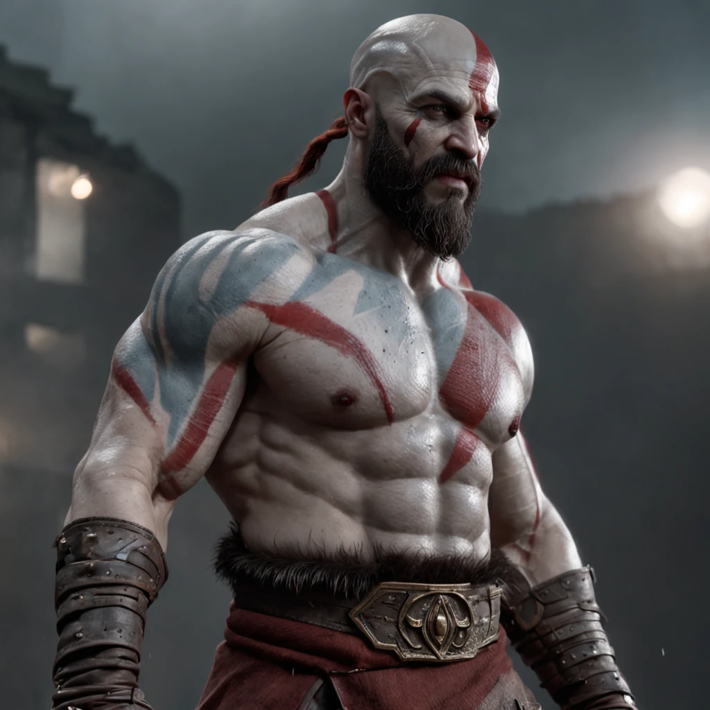 Kratos cyberpunk (Professional 3D rendering:1.3) de (Realistic:1.3) foto de arte mais bonita do mundo，soft features, brilliant male heroes, ((Epic hero rough fantasy muscular man wet hero angry look long hair short beard and fierce expression in dynamic pose, fantastic location, majestoso ambiente desordenado)), corpo inteiro 8k unidade render, action shot, poros da pele, very dark lighting, sombreamento pesado, circunstanciado, rosto detalhado, (Vibrando, Fotografia realista, Realistic, Dramatic, Escuro, foco nítido, 8k), (Roupas de couro velhas danificadas pelo mau tempo:1.4), ((((Use peles)))), (intrincado:1.4), decadente, (altamente detalhado:1.4), Pintura digital, rendering by octane, art stations, conceito-arte, liso, foco nítido, illustration, germe da arte, (Loish:0.23), Wlop Ilya Kuvshinov, e greg rutkowski e alphonse mucha gracias, (global ilumination, studiolight, light volumetric), chuva forte, floating particles, patife, fantasia, Nosso, Corpo inteiroesbiano, ((Fundo escuro e antigo da cidade:1.3)),CGSesociedade,art stations