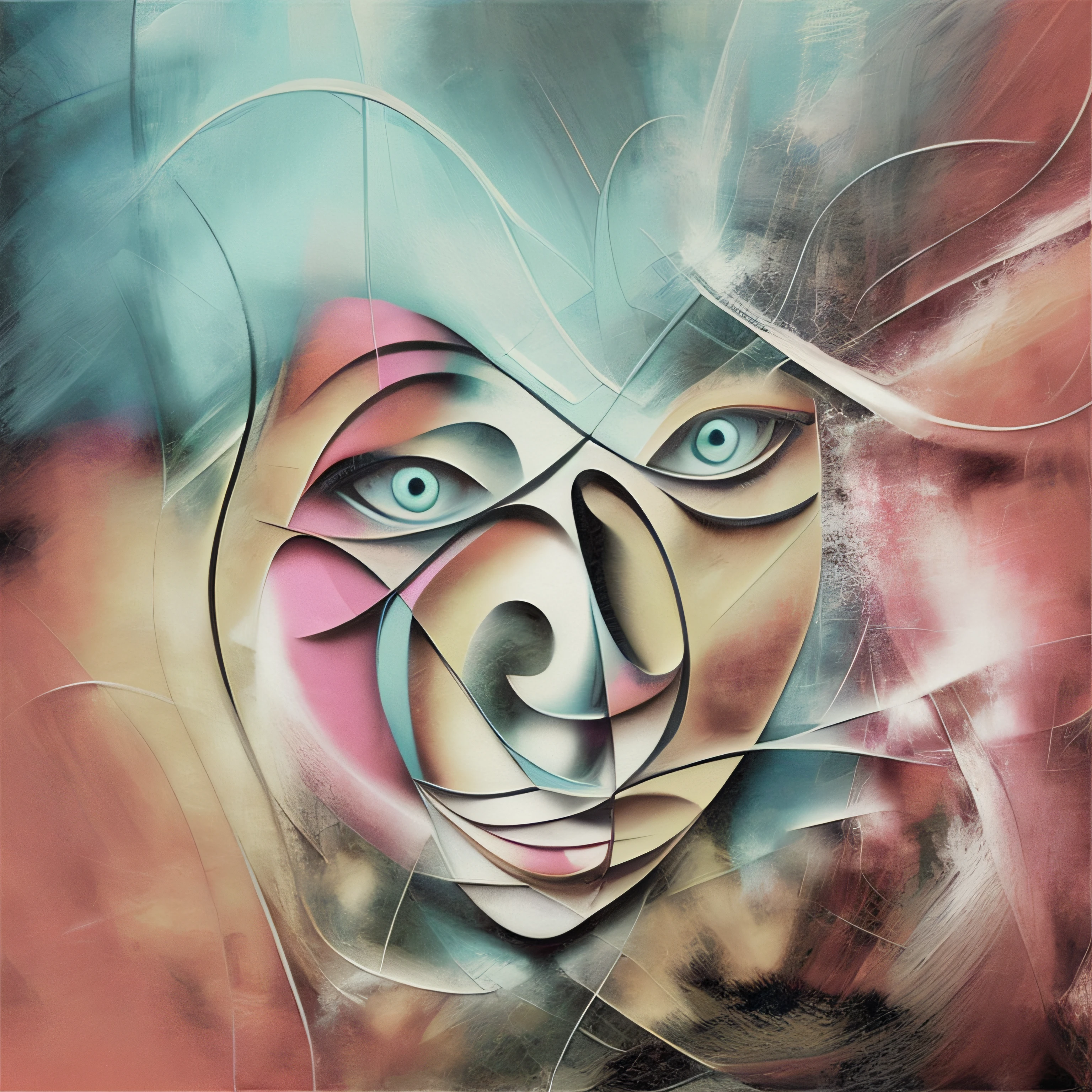 painting of a woman's face with a pink nose and blue eyes, abstract face, abstract portrait, airbrush digital art, in style of digital painting, contemporary digital art, the nonlinear. digital painting, digital mixed media painting, abstract surrealism masterpiece, stylized face, an expressive digital painting, abstract surrealist, synthetic cubism, artistic digital art