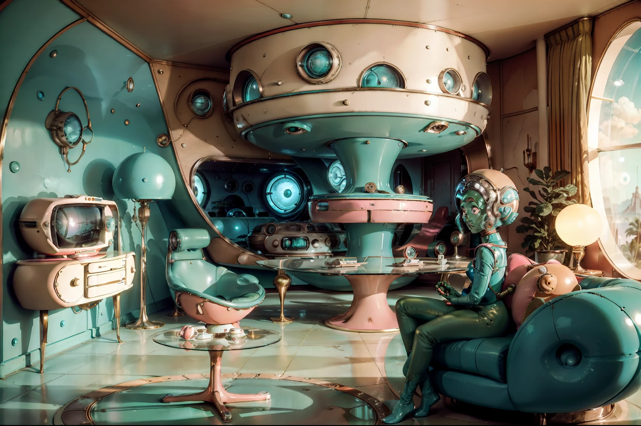 MartianS chilling out in a human house . Retrofuturistic house as background, big rounded windows, round tv, 1970's style furniture. Colorful image, palette with aquamarine, hot pink, taupe, beige, emerald. Illuminated by lamp and light through the windows. Highly detailed. Photorealistic.