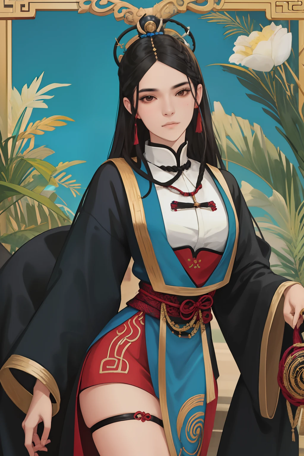 NSFW, obra-prima, melhor qualidade, ultra-hdetalhado, semi-realista, detailedfacialfeatures, 1 mulher,deidade marcial,Mulher usando roupa ancestral hunfa wuxia,princesa serpente,Villain,cabelos longos da cor negros,oihos negros fascinantes,seios grandes,muito bonita,voluptuosa mulher,sexy,maliciosa,poderosa,standing on top of an serpente grande holding a whip in his left hand,altiva.