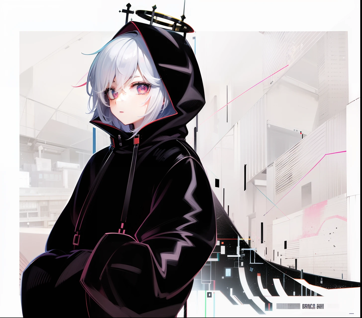 Um homem usando uma jaqueta preta com capuz, cabelos brancos, olhos vermelhos, 4k, estilo de arte anime, Homem Hacker, Mundo Glitchy