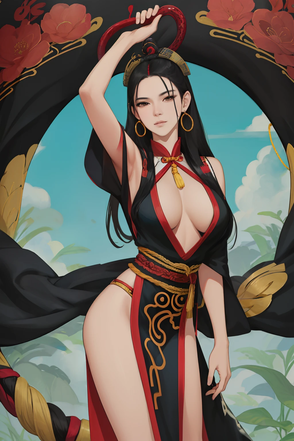 NSFW, obra-prima, melhor qualidade, ultra-hdetalhado, semi-realista, detailedfacialfeatures, 1 mulher,deidade marcial,Mulher usando roupa ancestral hunfa wuxia,princesa serpente,Villain,cabelos longos da cor negros,oihos negros fascinantes,seios grandes,muito bonita,voluptuosa mulher,sexy,maliciosa,poderosa,standing on top of an serpente grande holding a whip in his left hand,altiva.