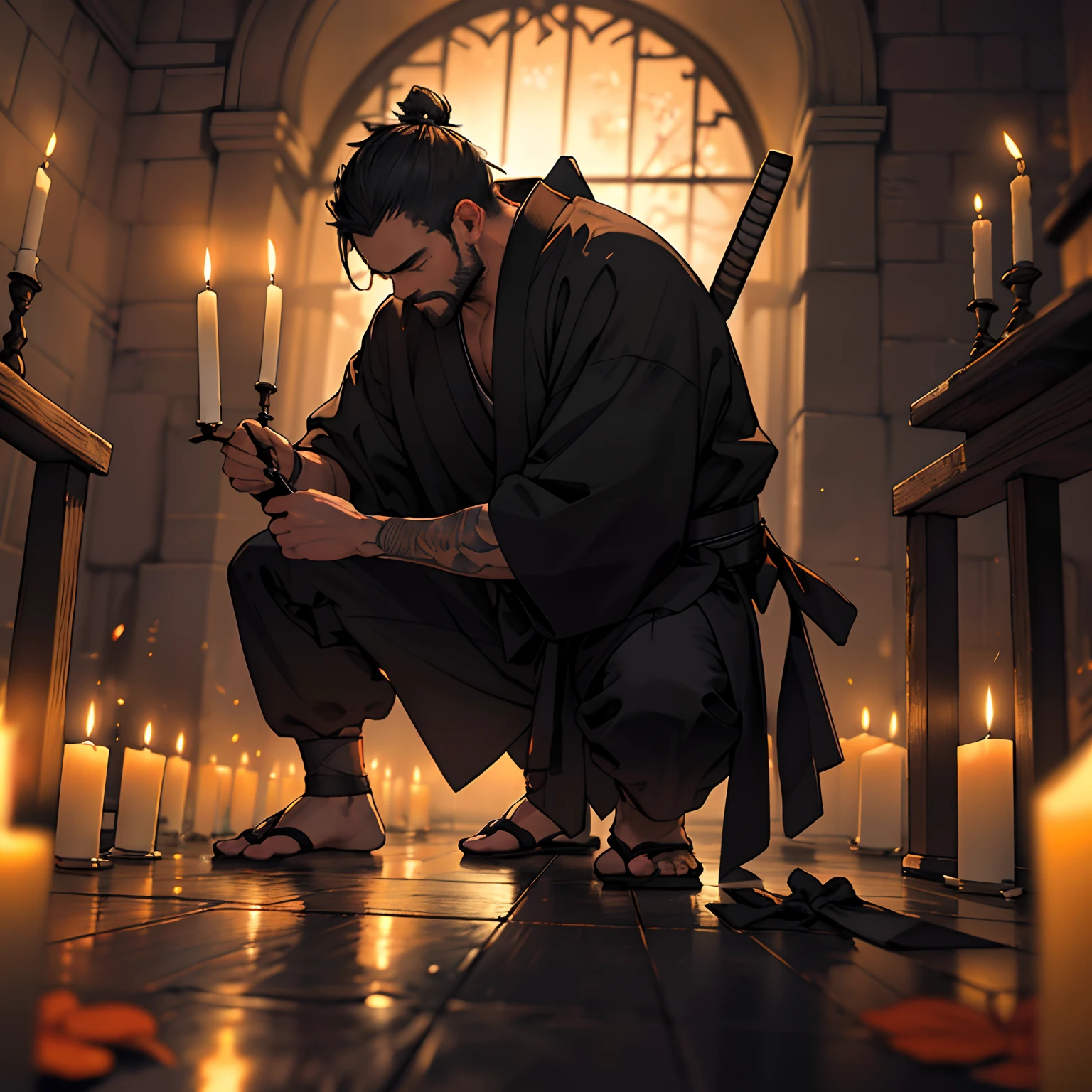 Samurai on his knees writing in a dark setting by candlelight (obra-prima) (8k high resolution) (melhor qualidade) (Ultra Definition) (Ultra realista)(Foto RAW) (Foto realista) (bright illumination)