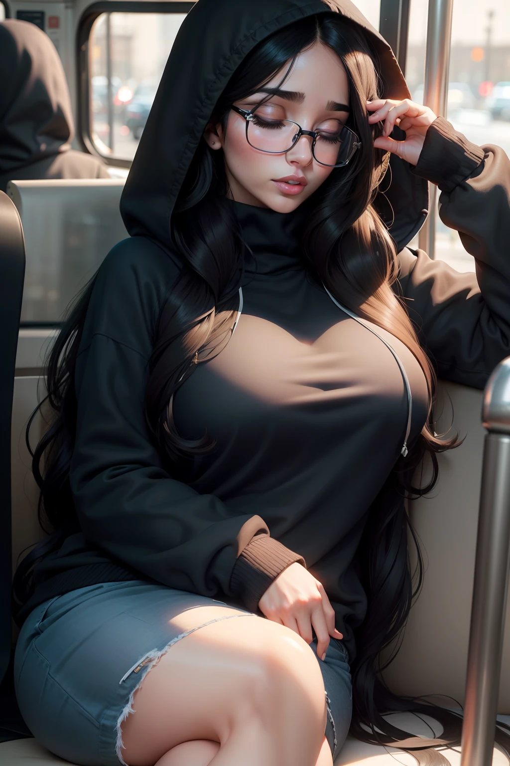 1 beautiful woman, adult, large body, long hair, wavy hair, black hair, glasses, outlined eyelids, made up eyelids, made up face, black sweater, wearing hood, hooded sweater, cleavage, light blue jeans, black handbag, sleeping sitting on the bus, Mouth open, Eyes closed.