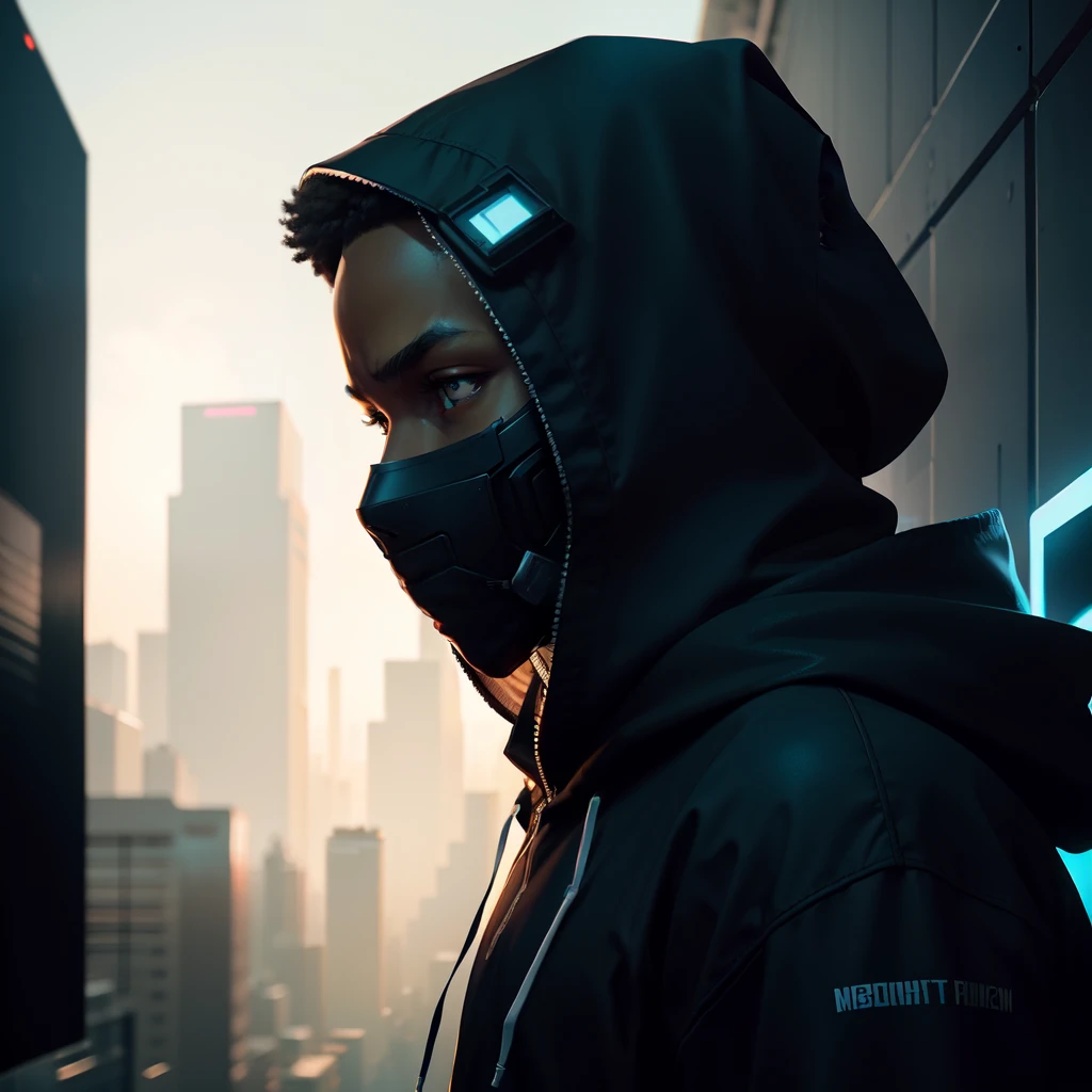 there is an African man in a hoodie looking up at the camera, low quality footage, low quality video, very very low quality picture, selfie, profile picture, looking defiantly at the camera, looking away from camera, showing forehead, hood and shadows covering face. Composition: Dynamic Composition,
Lighting: Backlighting,
Subject: Main Focal Point,
Color Palette: Monochromatic Scheme,
Mood/Emotion: Excitement
, Cyberpunk Aesthetics