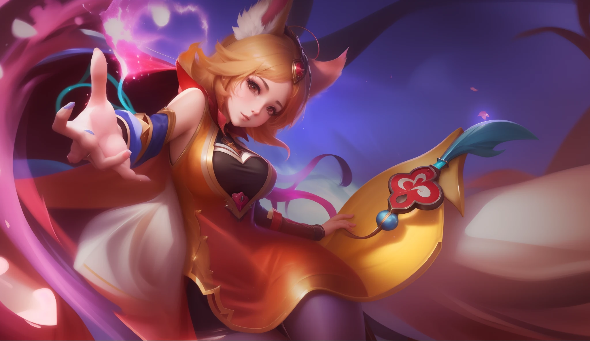 Anime girl with a sword and a banana in her hand, Ahri, Retrato de Ahri, Serafim Ahri KDA, splash arte anime , Artgerm extremamente detalhado, inspirado em Pu Hua, Estilo Artgerm, Estilo Artgerm, ! arte dos sonhos, Mago Celestial Lindo, Artgerm detalhado, ultra detalhista, 8K FULL HD