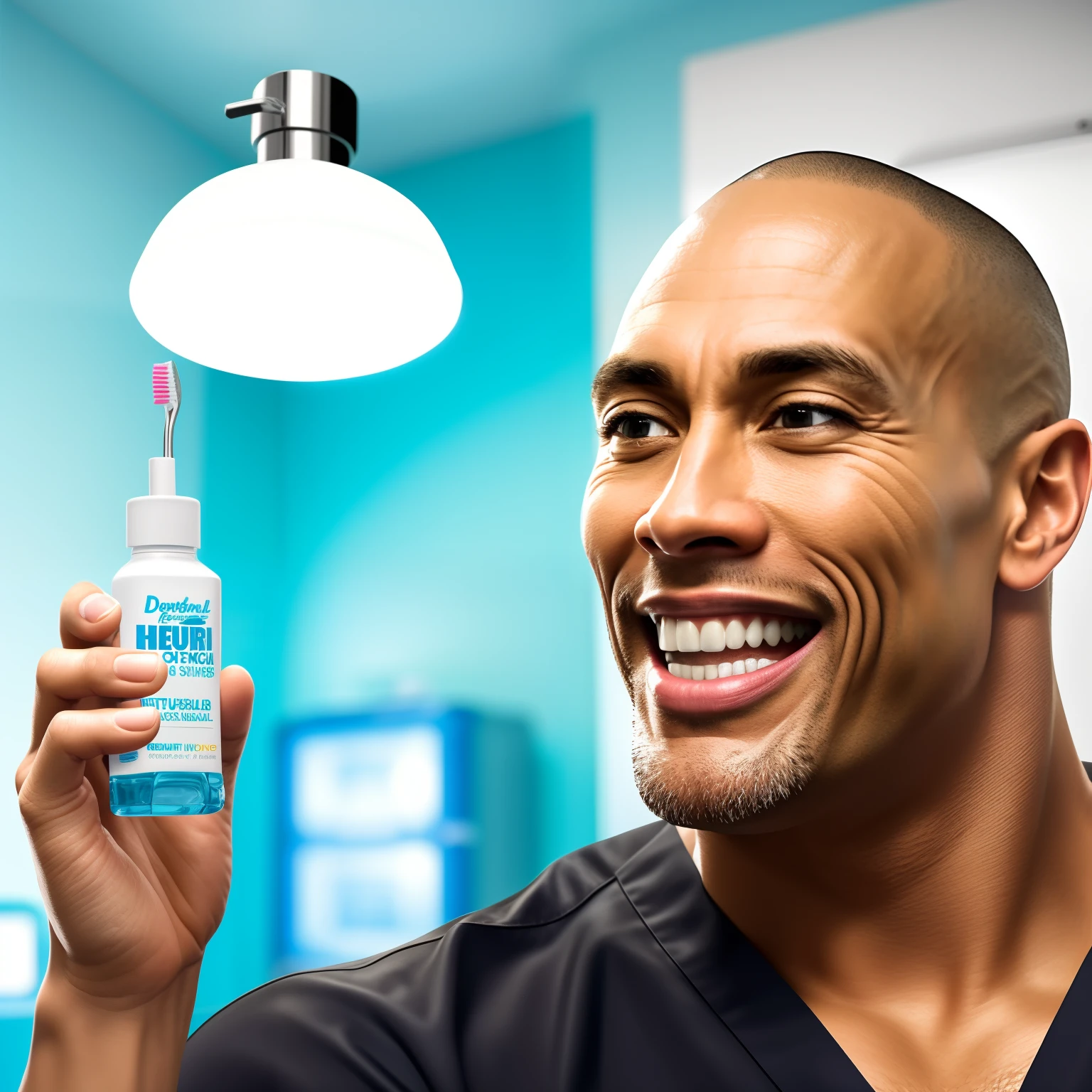The Rock holding a toothbrush & a mouthwash in hand, inside of a dental hospital, miami vibe,bright color, detailed, movie lighting, 4k, hyper realistic, dental care background, photograph, detailed mouthwash bottle & toothbrush, dental theme, cinema noir, brand image, natural lighting