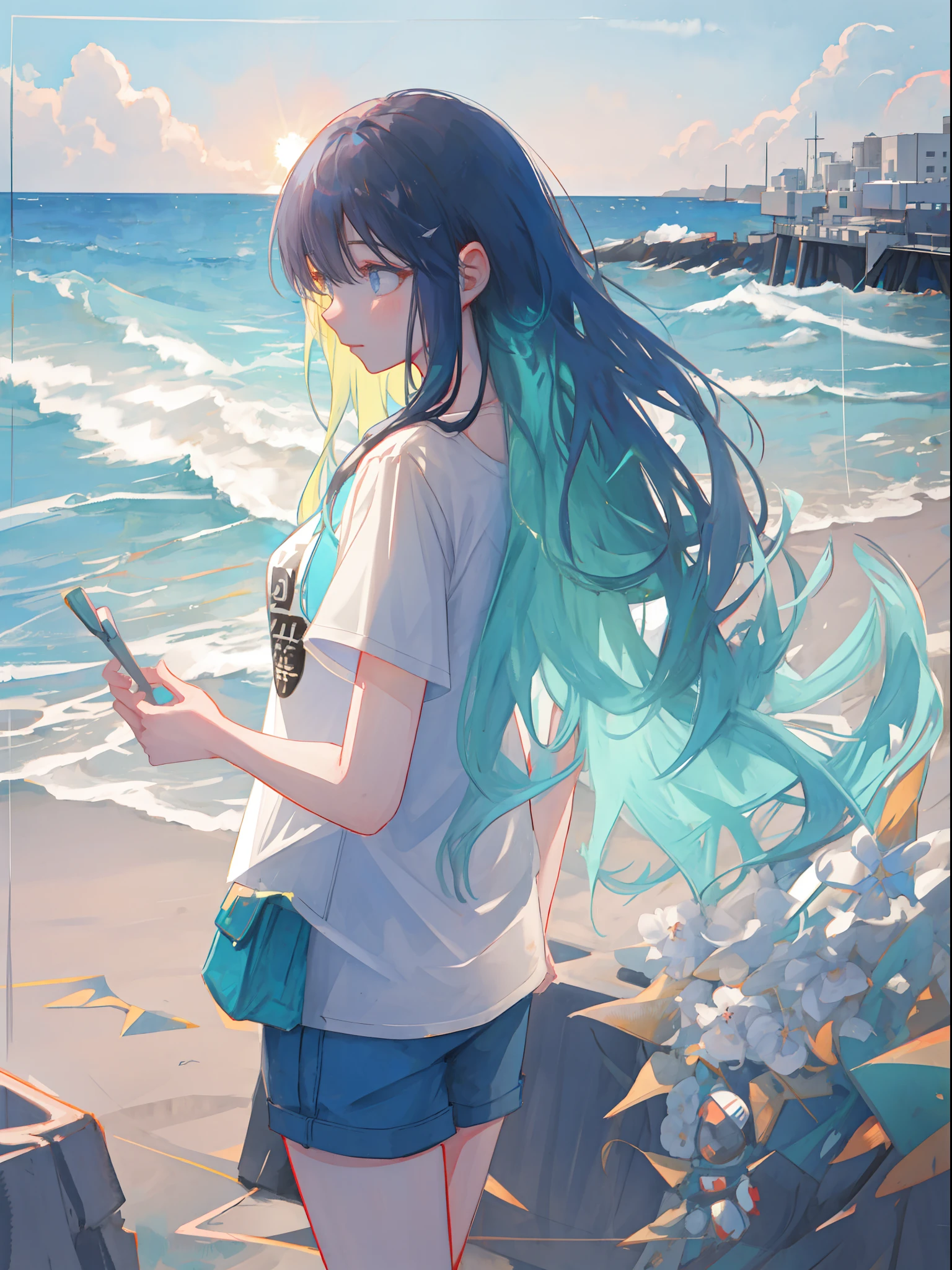 Super high quality fine detail movie concept art illustration, She has detailed hair、faces、The eye、With long wavy hair、beautiful and alluring, T-shirt and hot pants, Face facing rear view, in beach, sea side, Sunlight, evening, watercolor paiting, Cinematic, Realistic, realistic lighting shaded, hyper quality, Precise details, reinforced