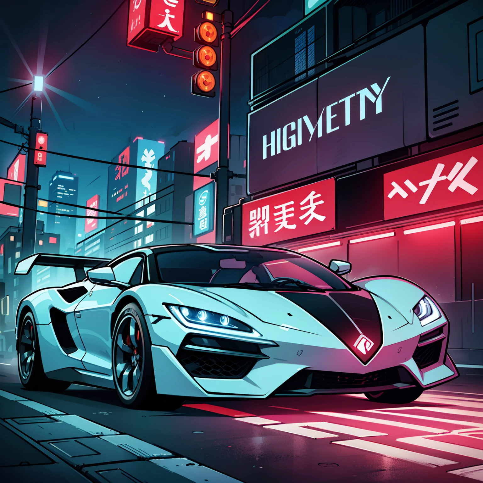 a futuristic luxury car, high tech, amazing design, creatively driving on the street with high-tech buildings, nighttime, neon Tokyo