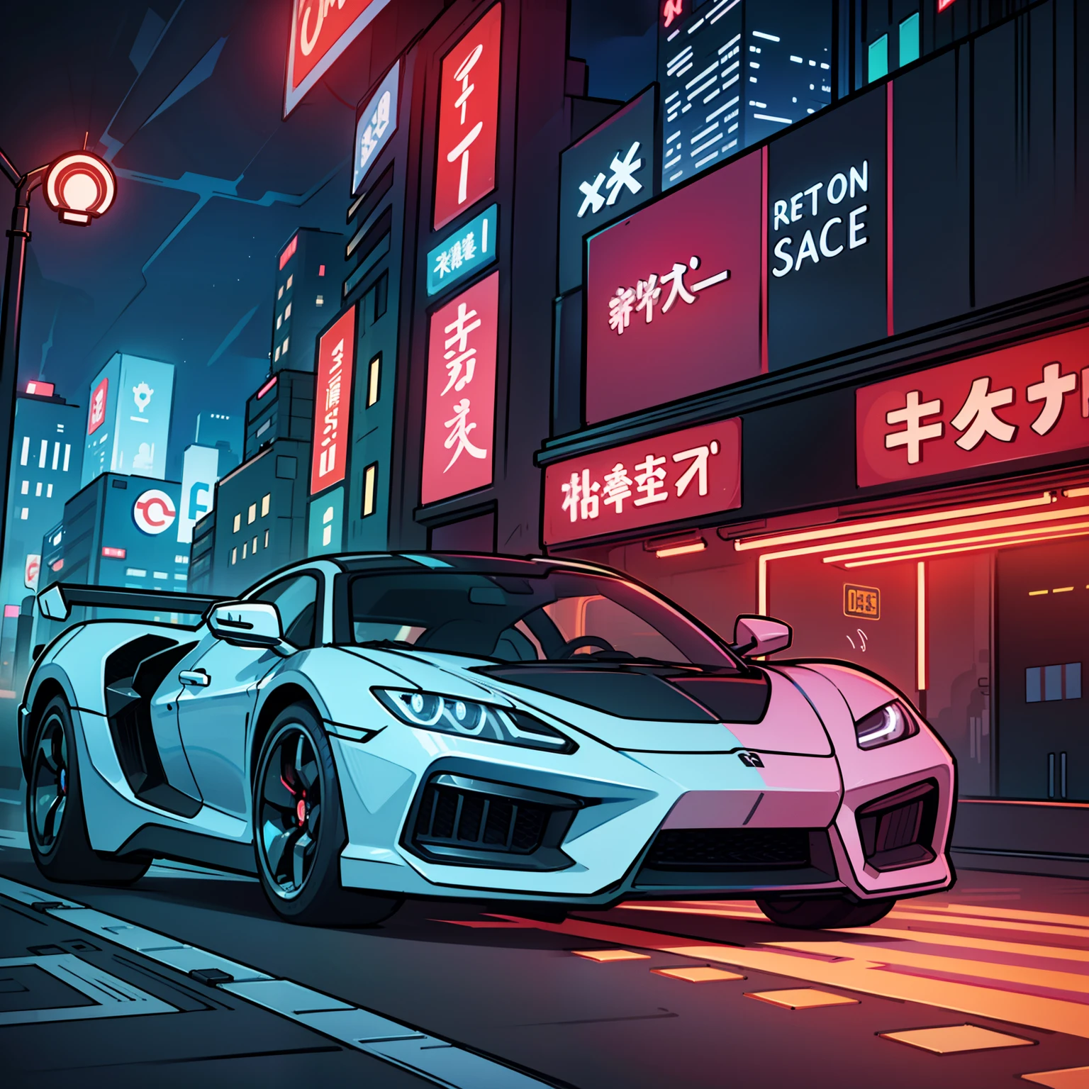 a futuristic luxury car, high tech, amazing design, creatively driving on the street with high-tech buildings, nighttime, neon Tokyo