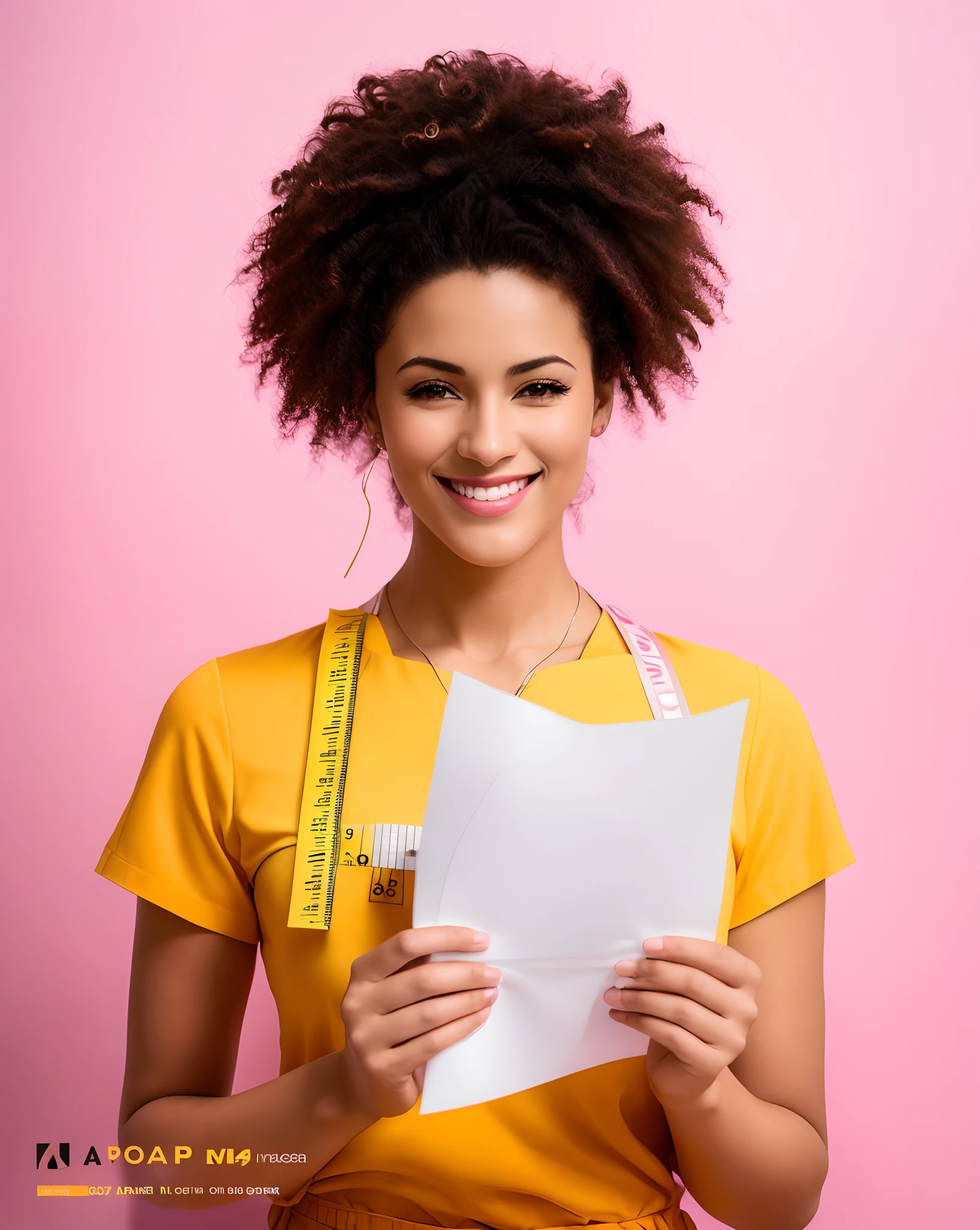 Smiling woman holding a piece of paper and tape measure, foto ainda, Imagem promocional, definir foto, foto de uma mulher negra, Comercial, em um fundo escuro, Nos bastidores, fotografia de close-up, foto retrato, advertising photo, captura de tela de alta qualidade, Retrato grande, mid portrait, promo ainda, foto conceitual, papel de alta qualidade, protagonista feminina, atriz